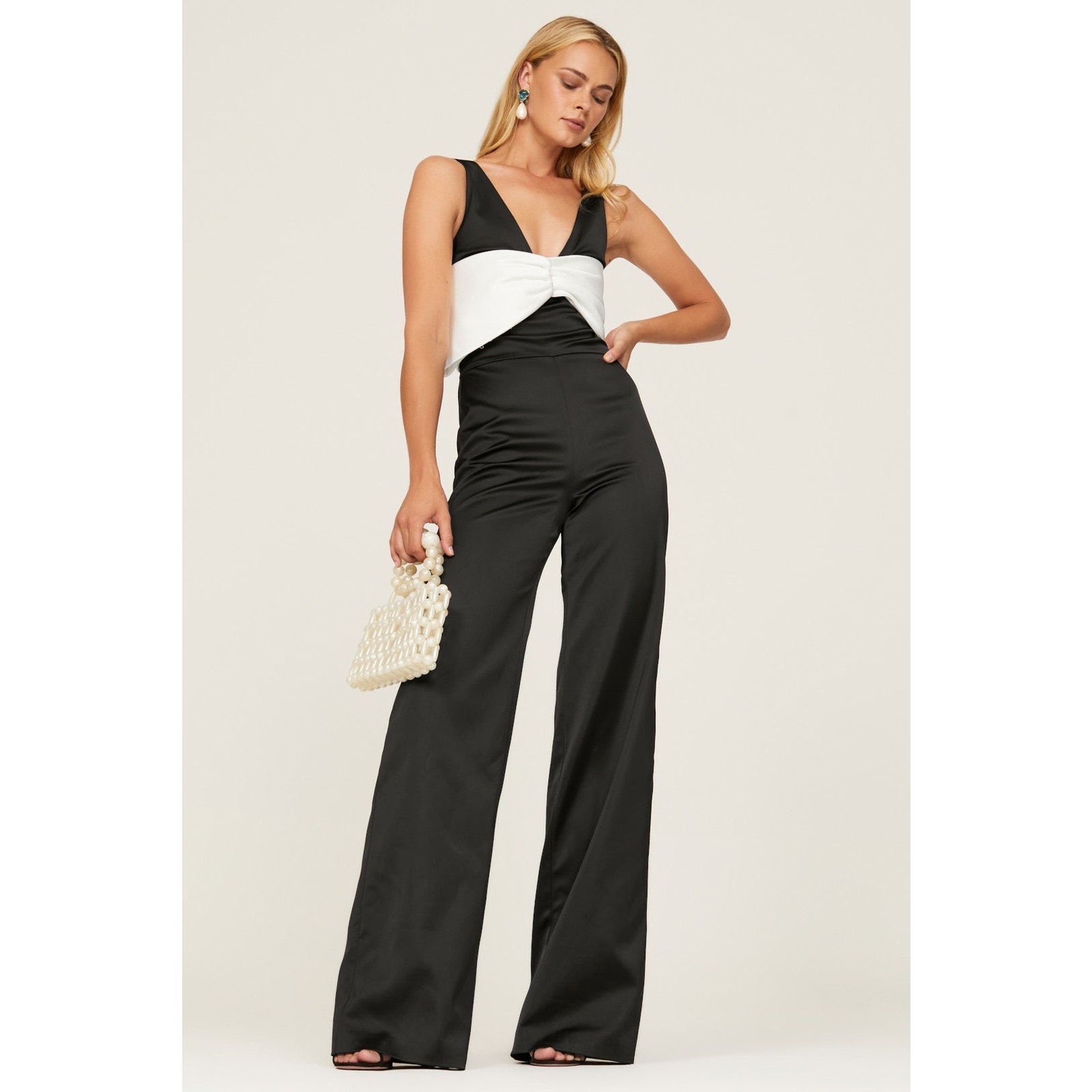 Alexis Marinna Black White Wide Leg Sleeveless V-Neck Cocktail Jumpsuit Size XS