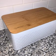 White Bread Box For Kitchen Countertop - Bread Box With Bamboo Wood Cutting Boar