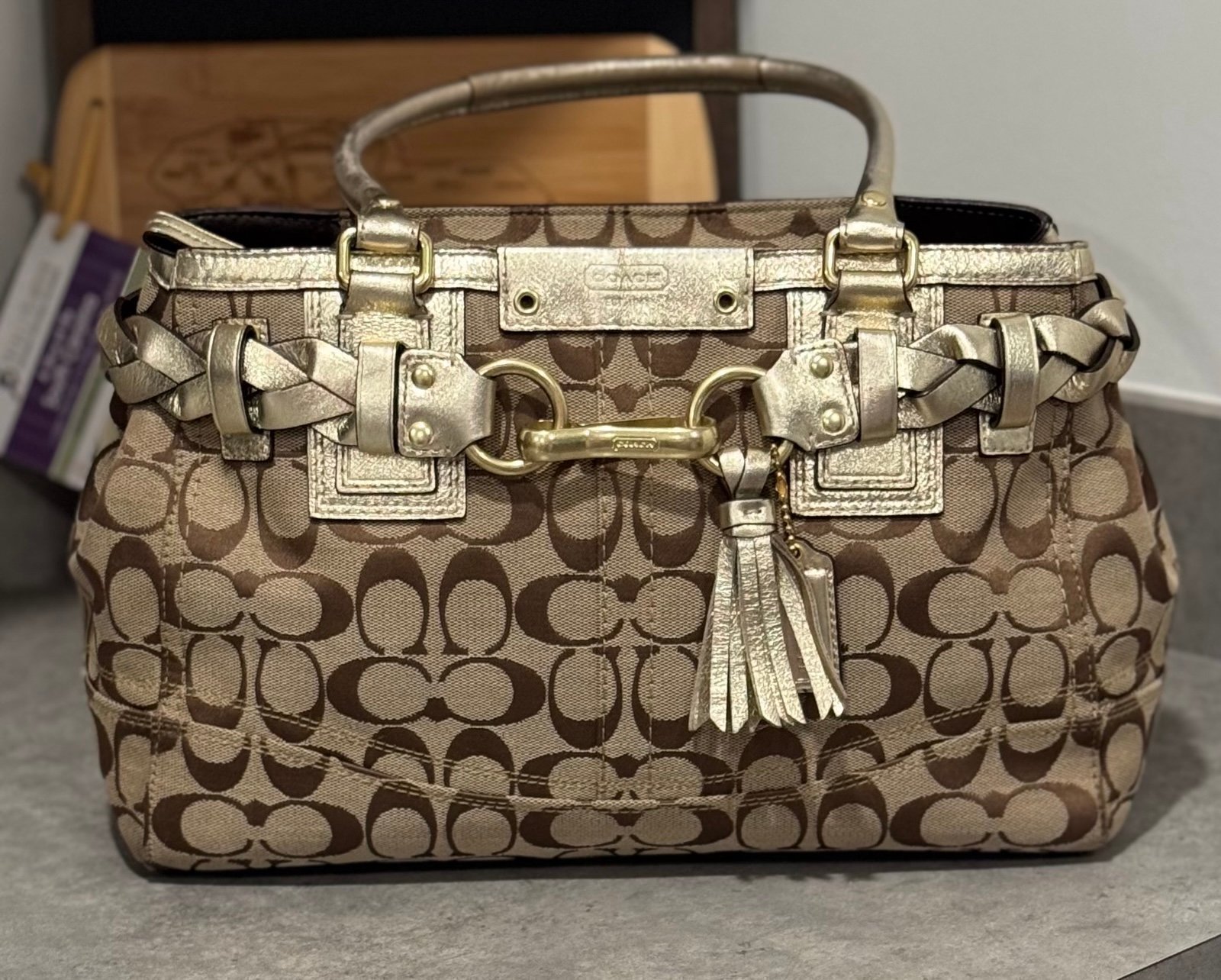 Coach Hampton in Signature Canvas and Gold Leather Trim! GUC!!