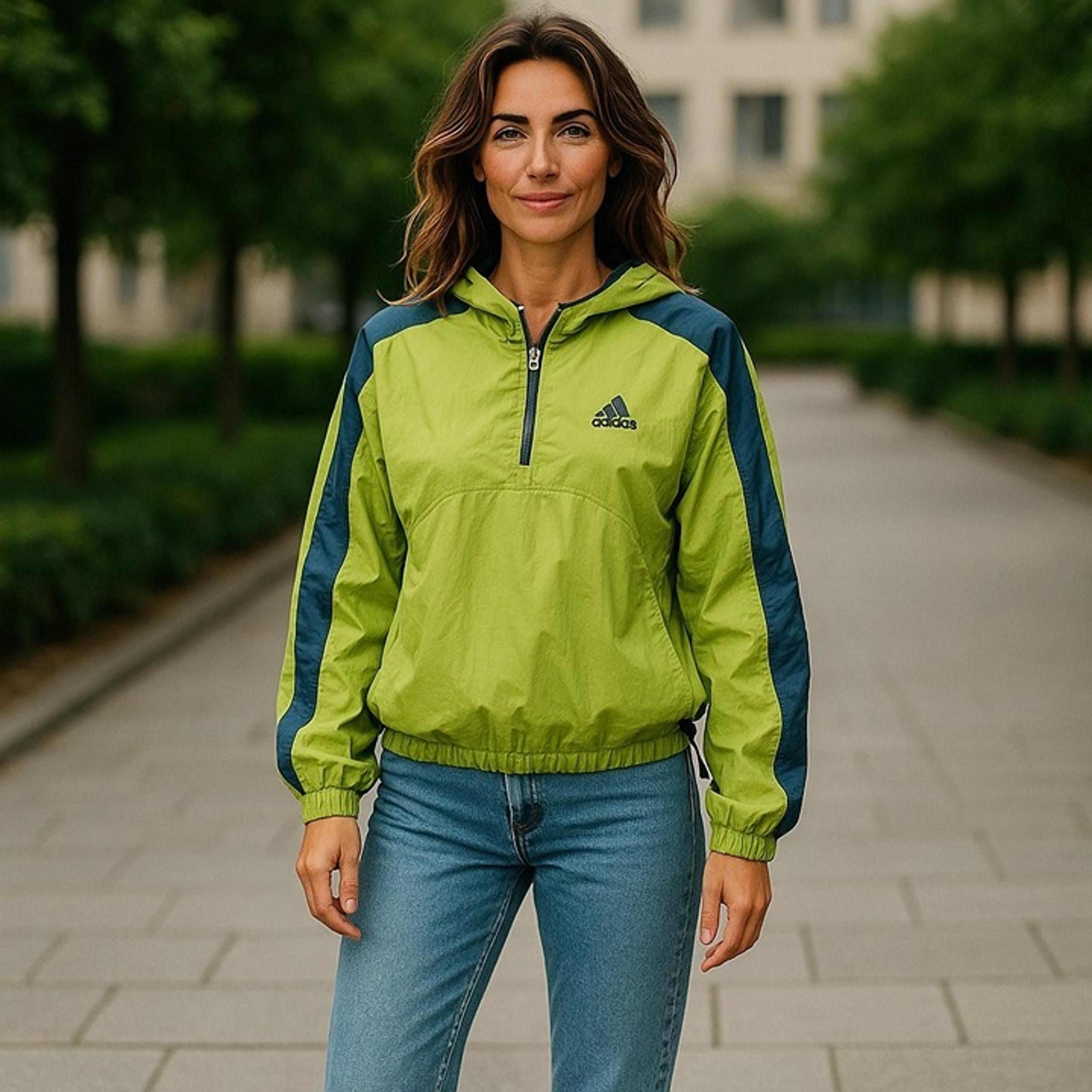 Adidas Medium Light Green 1/4 Zip Hooded Pockets Lined Windbreaker Jacket Size M
