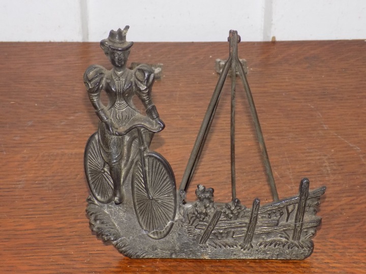 Vintage 1896 Woman Riding a Bicycle Metal Picture/ Mail Holder