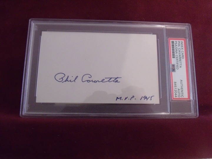PHIL CAVARRETTA 1934-55 45 MVP HAND SIGNED INDEX CARD SLABBED AUTHENTIC PSA/DNA