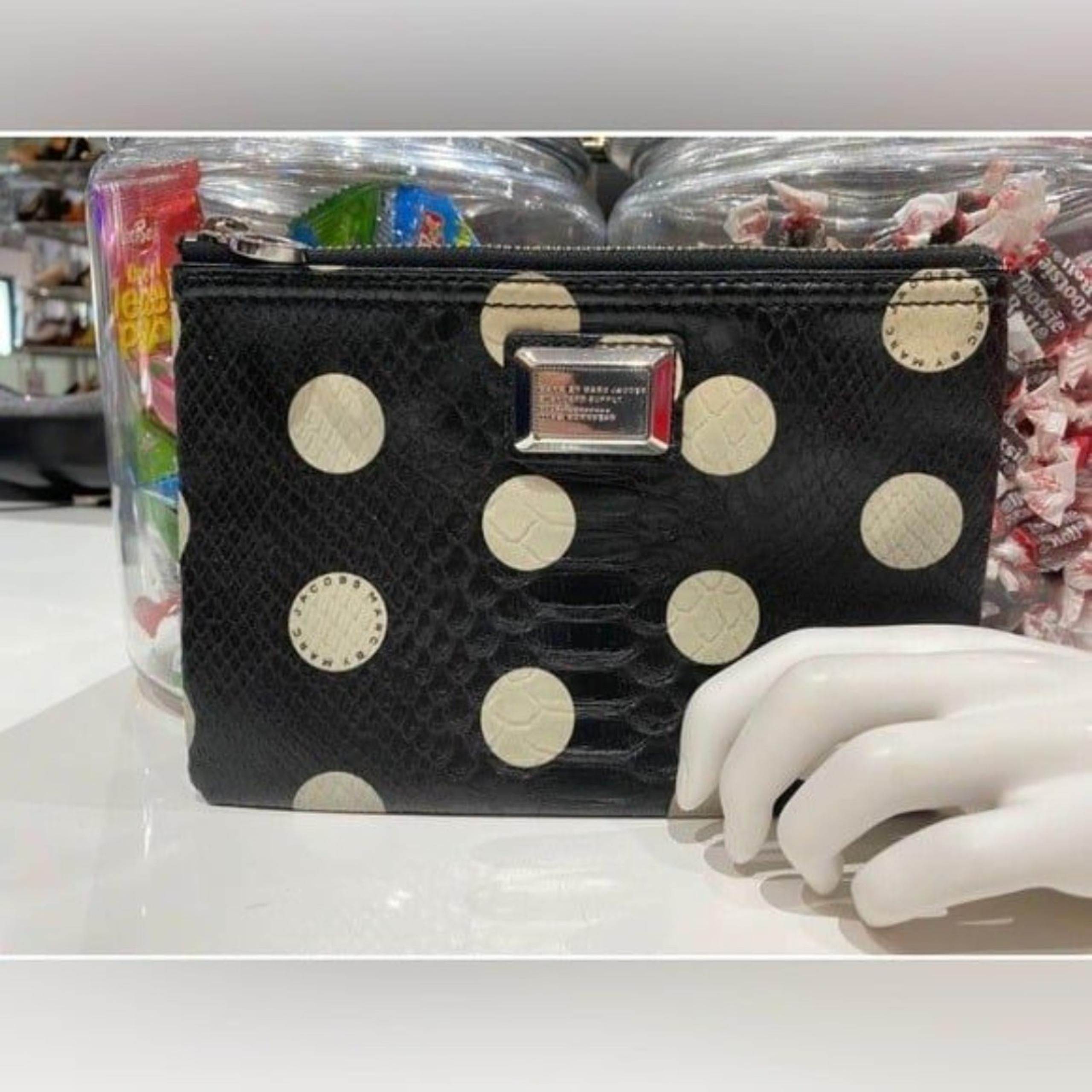 Marc Jacobs Croc Embossed Polka Dot Pouch Black White Leather Clutch Purse Bag