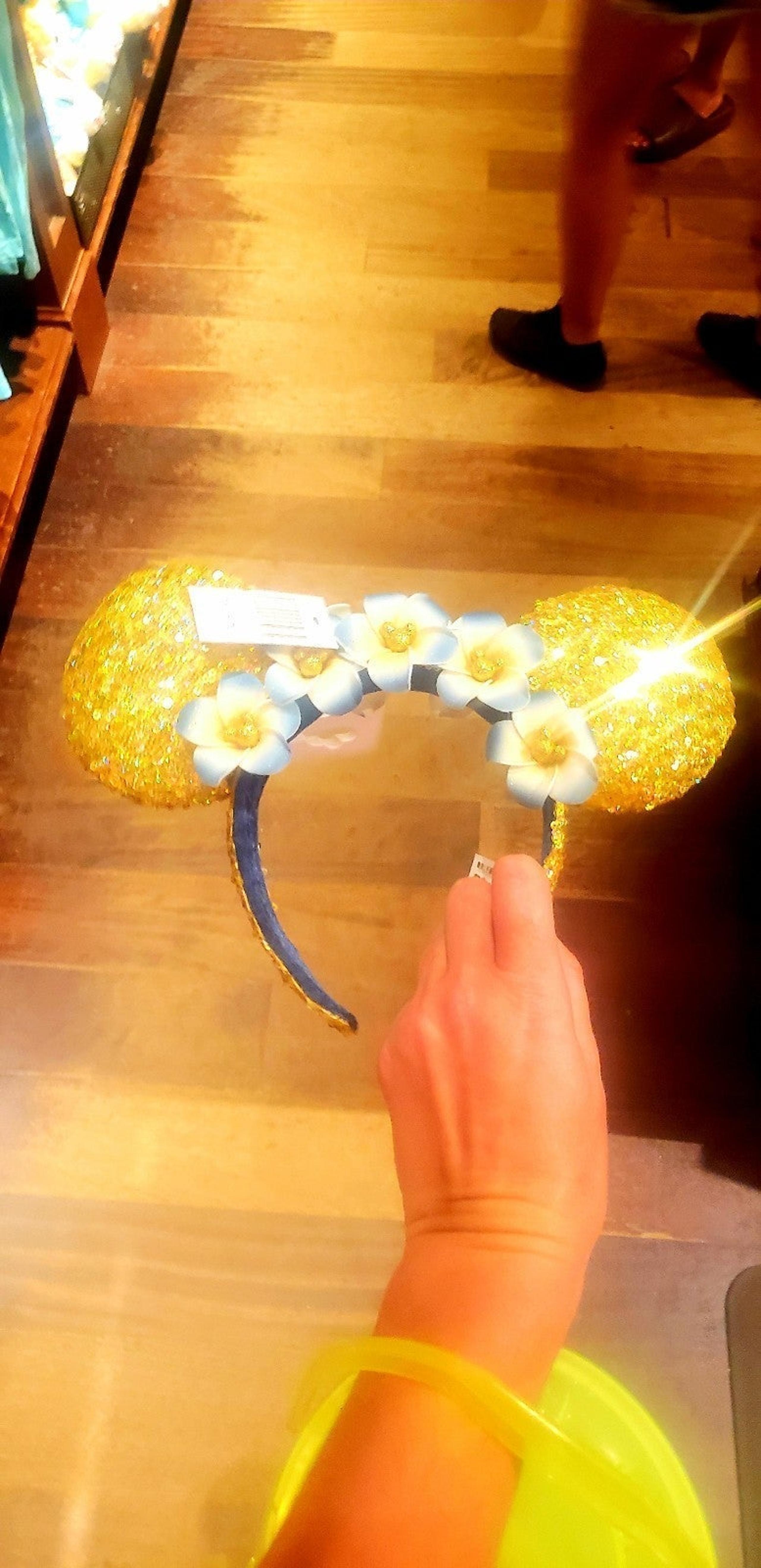 NWT Gold Sequin Hawaiian Disney Minnie Ears with Blue Plumerias