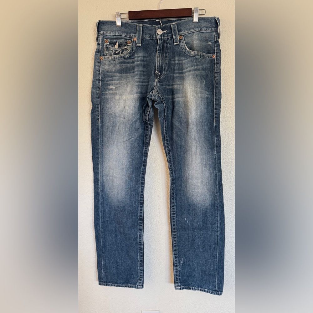 True Religion Slim Fit Jeans Size 33 Distressed Denim with Wear Small Holes