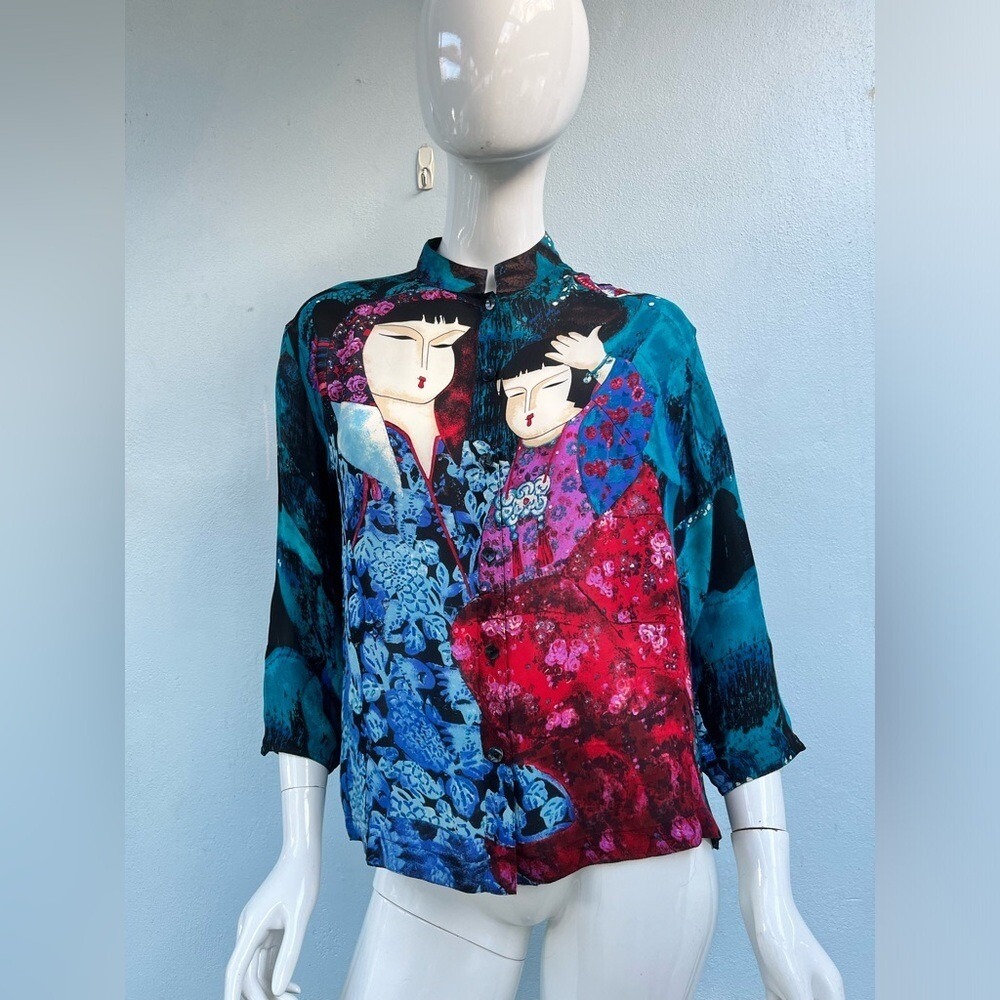 Chicos Design Asian Geisha Silk Blouse Button Up-size 1
