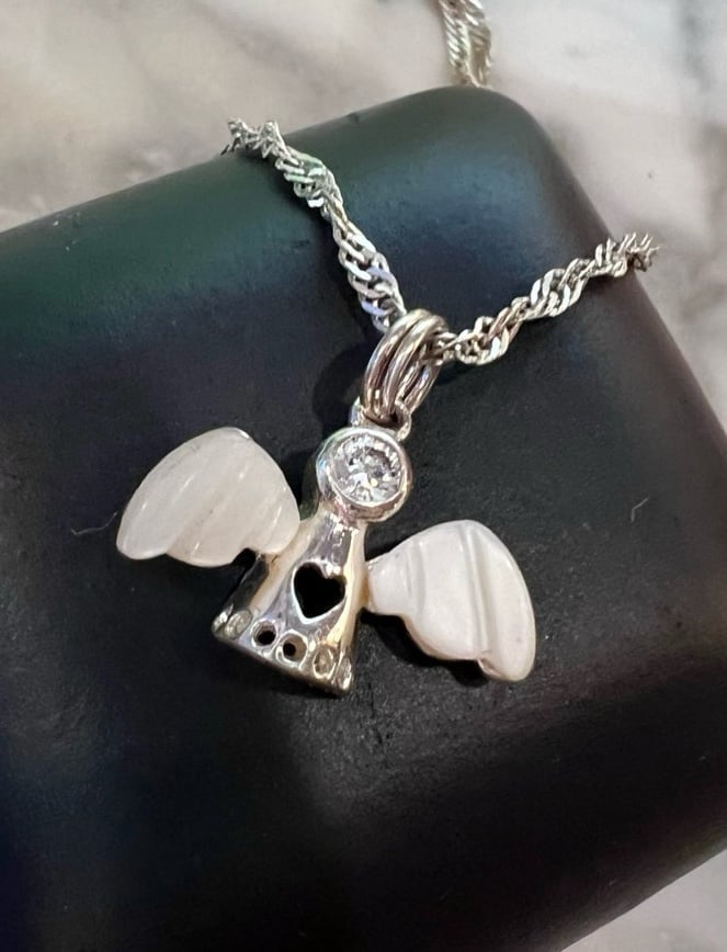 Vintage Angel Pendant Solid 925 Sterling Silver Mother of Pearl Diamond Pendant