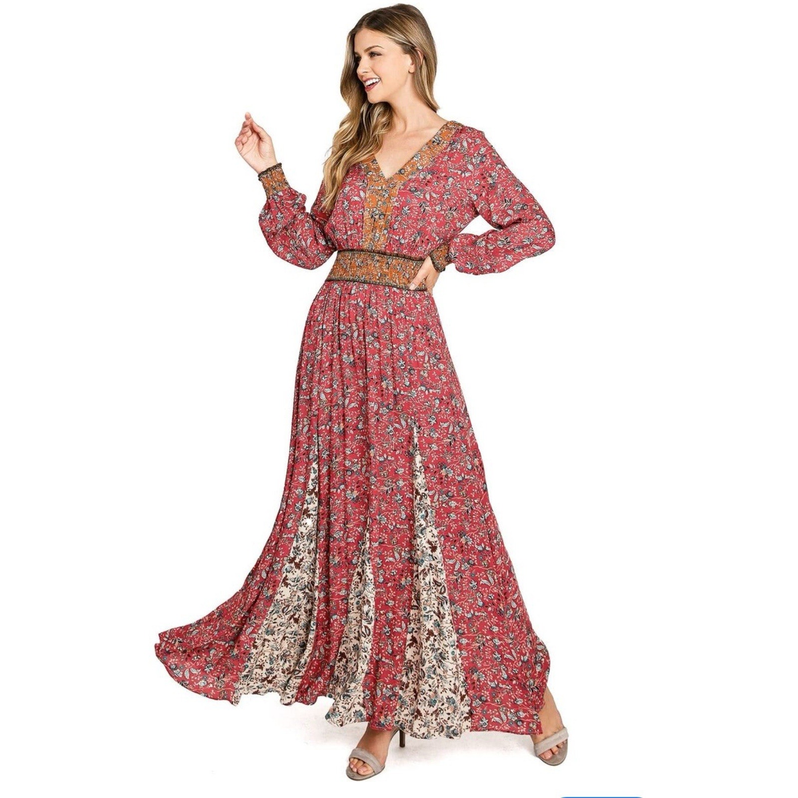 Love Stitch Women's Long Sleeve Bohemian Full A-line Maxi Dress Size Small Red