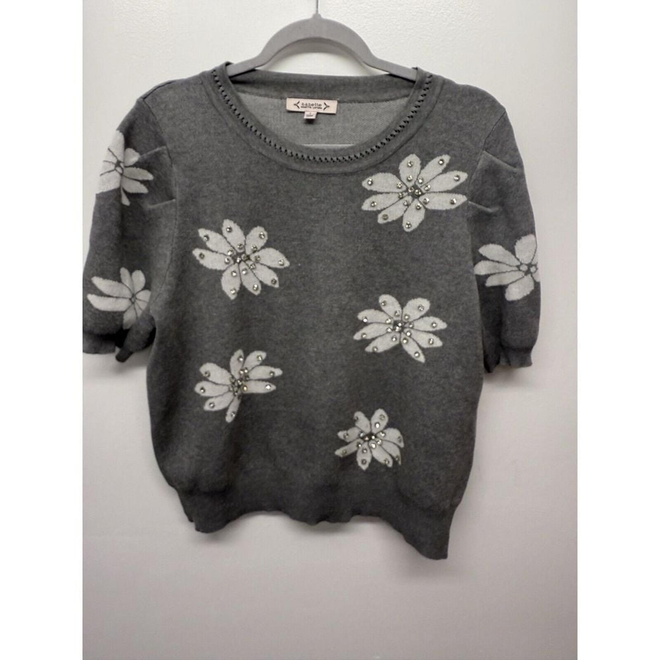 Nanette Lepore Gray Pearl Beaded Crew Neck Knit Short Sleeve Sweater Large #34
