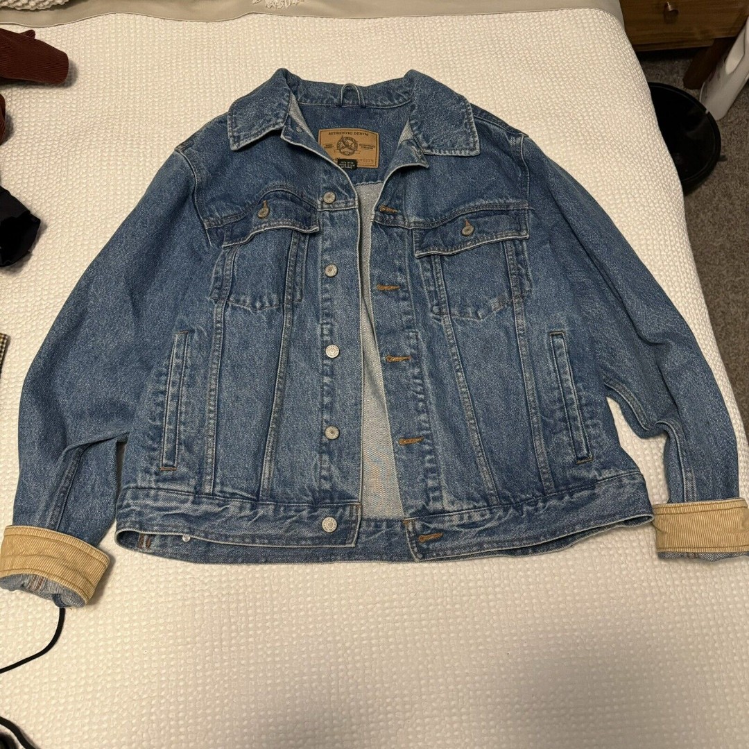 Vtg Eddie Bauer Mens Blue Denim Medium Jacket Beige Corduroy Collar Pockets 90s