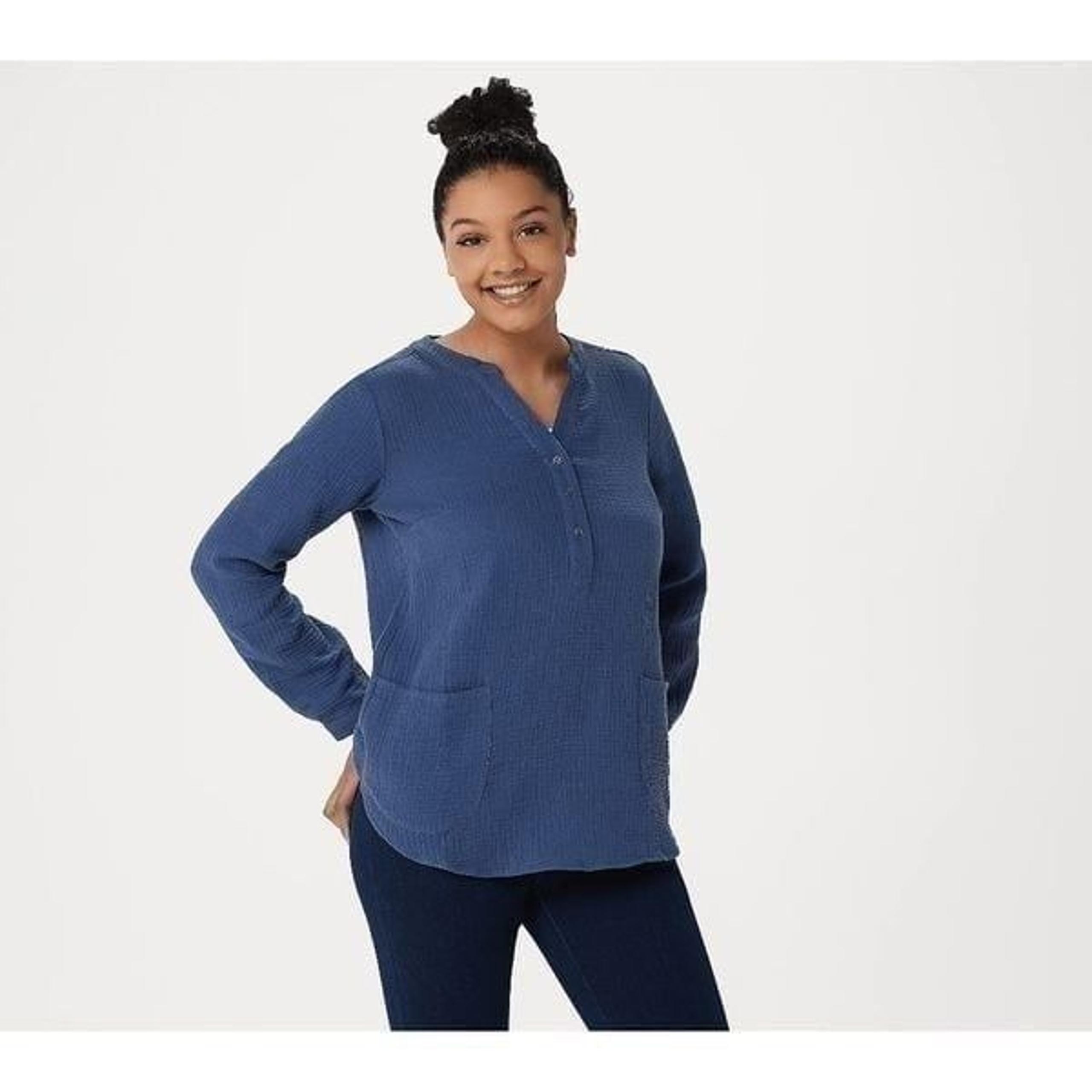 Joan Rivers Womens 3X Crinkle Texture Popover Tunic Top Dusty Blue Pockets NWT