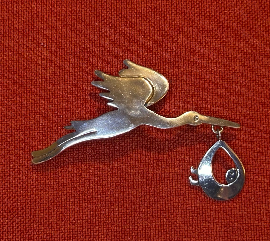 Vintage Sterling Silver Taxco Anne Harvey Stork With Swinging Baby Brooch TV-67