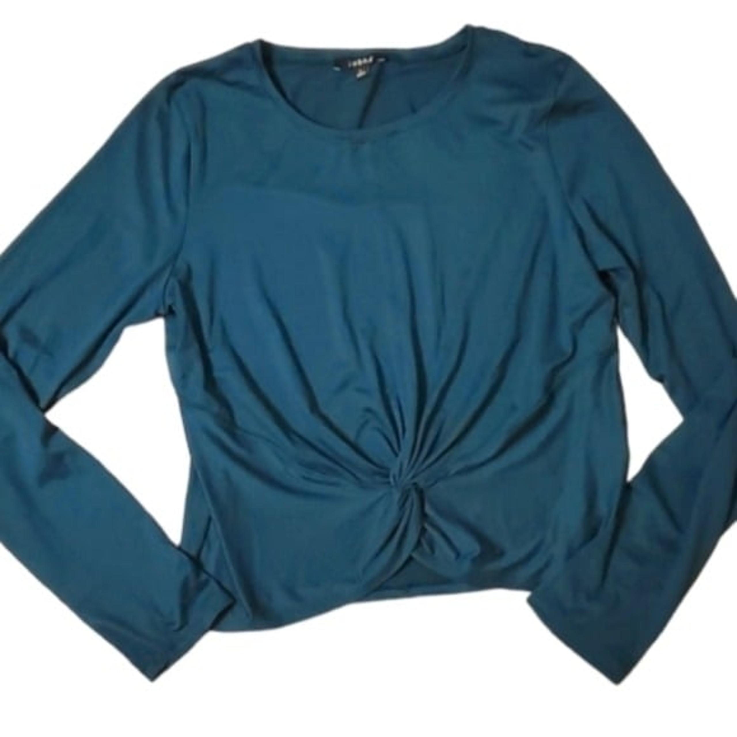 Zobha Laura Womans Teal Athletic Twist Front Long Sleeve Shirt with Thumbholes