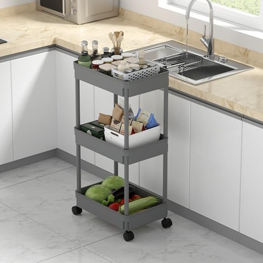 3-Tier Plastic Rolling Utility Cart with Wheels, Multi-Functional Storage Cart