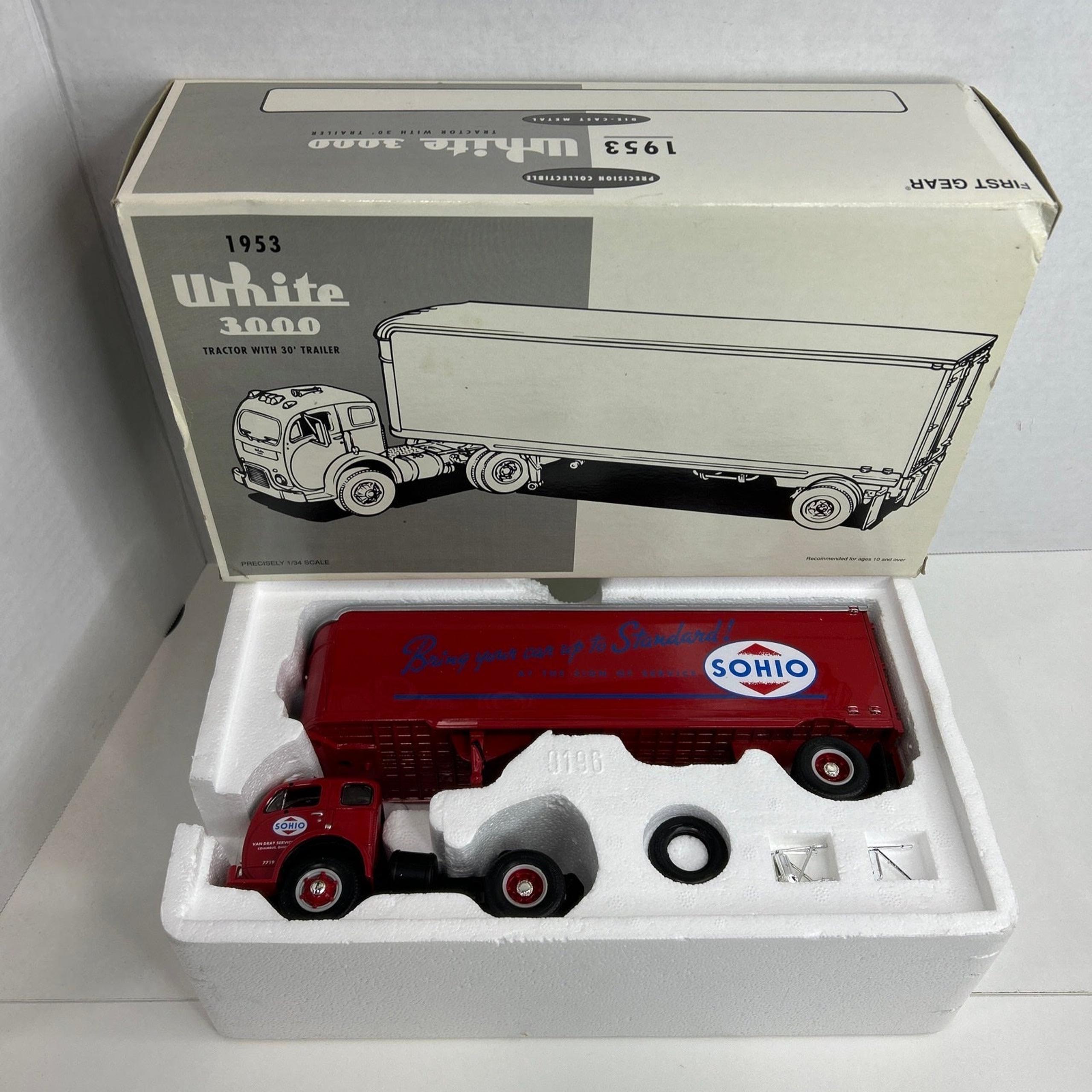 FIRST GEAR 1953 WHITE 3000 TRACTOR 30' TRAILER SOHIO OHIO VAN DRAY 1/34 SCALE