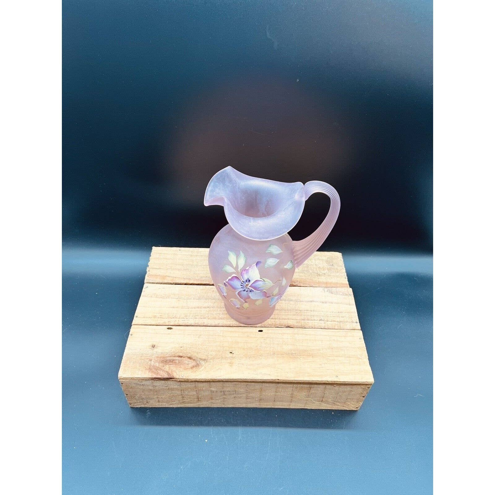 Fenton Glass 2001 Pink Chiffon Satin Rib Optic Pitcher Hand Painted Floral