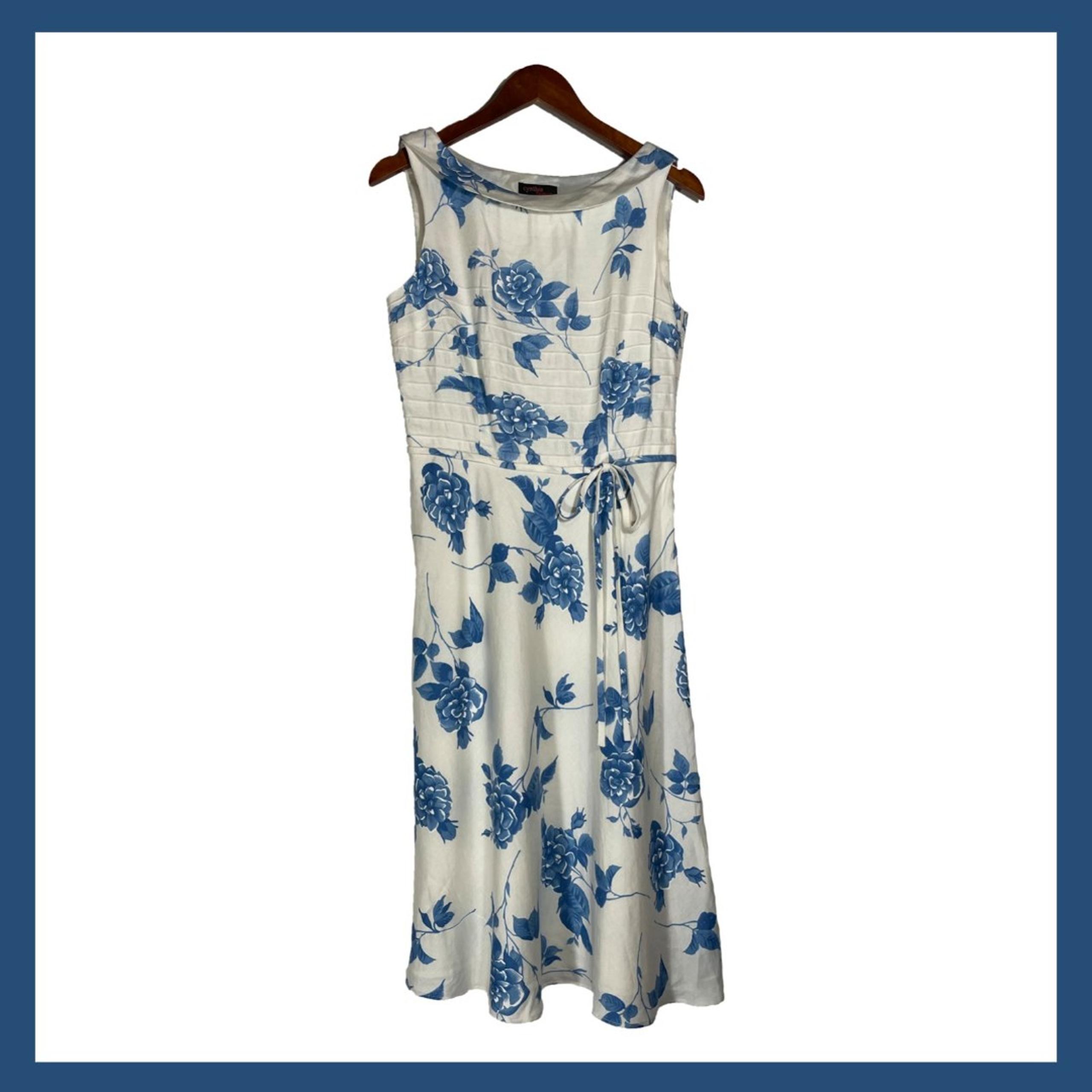 Cynthia Howie Blue & White Floral Linen Dress Fit Flare Retro Boat Neck Preppie
