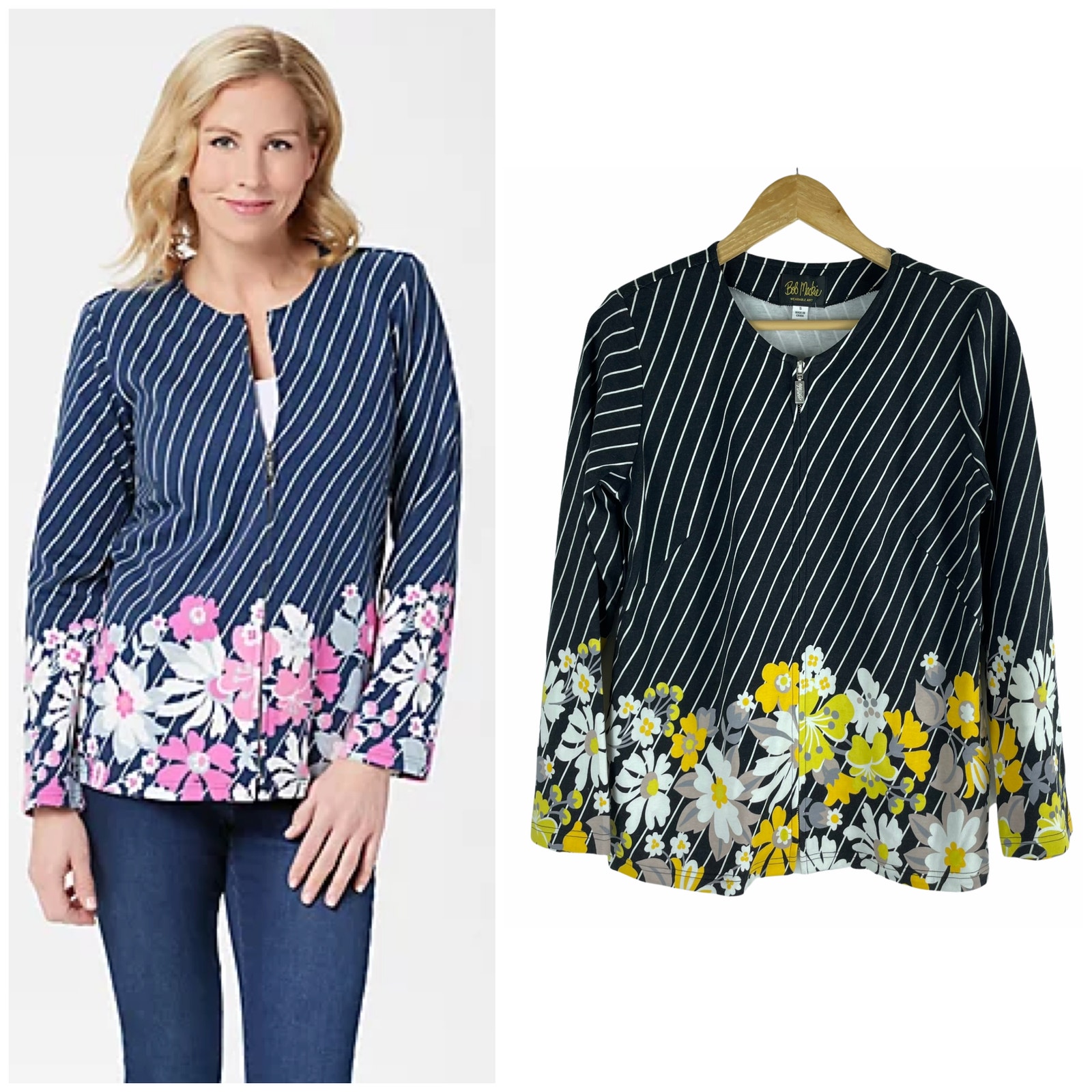 Bob Mackie Diagonal Stripe Multi-Floral Ponte Knit Jacket Gray Size S