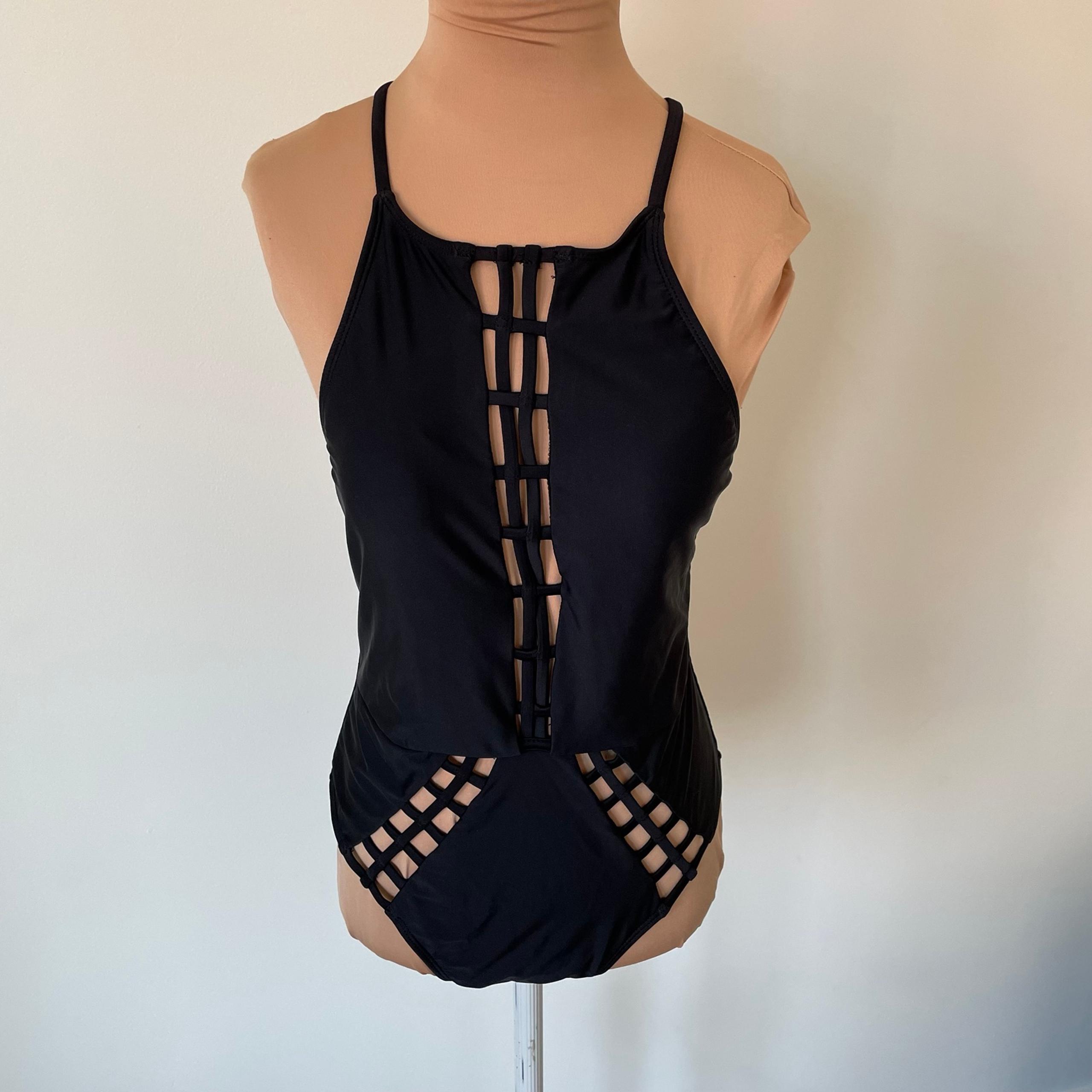 Xhilaration Black Tie Back Strap Crochet Cutout One Piece Bathing Suit EUC Sz M