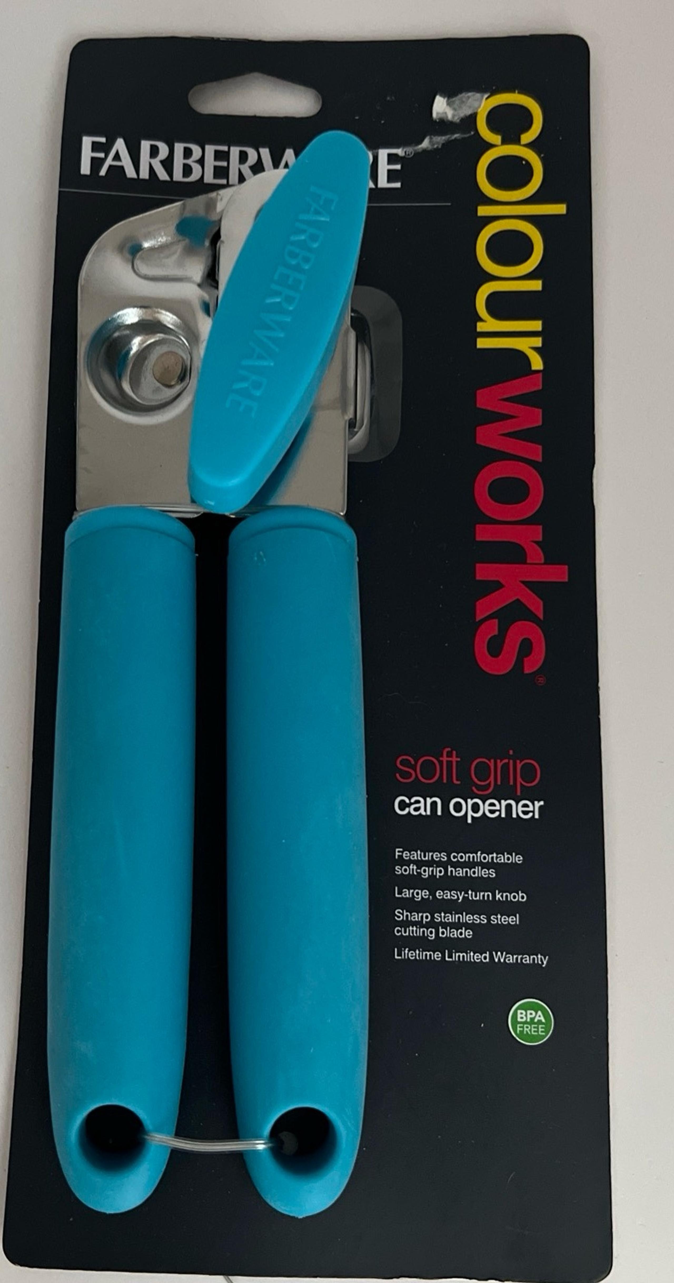 New Farberware Can Opener Soft Grip Manual Stainless Steel Blade Teal Blue