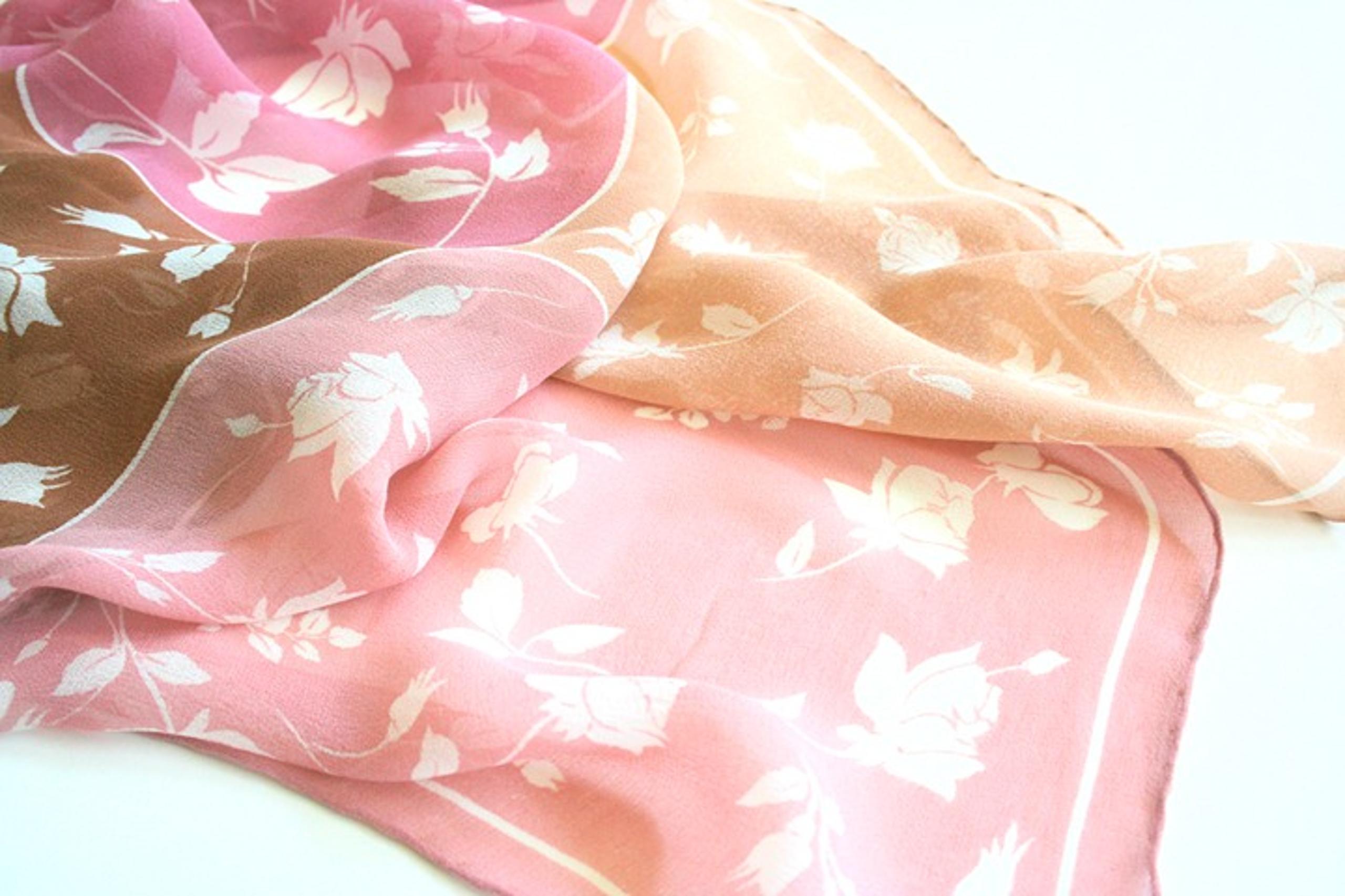 Vintage silk chiffon scarf sheer floral roses pink tan beige small hand rolled