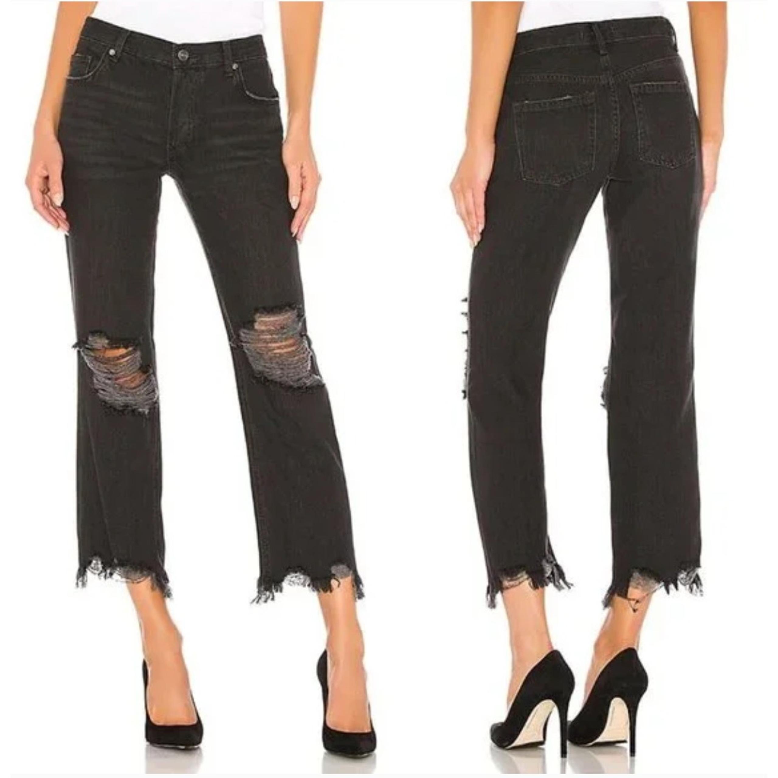 We The Free People Womens 29 Maggie Mid Rise Straight Jeans Button Fly Black