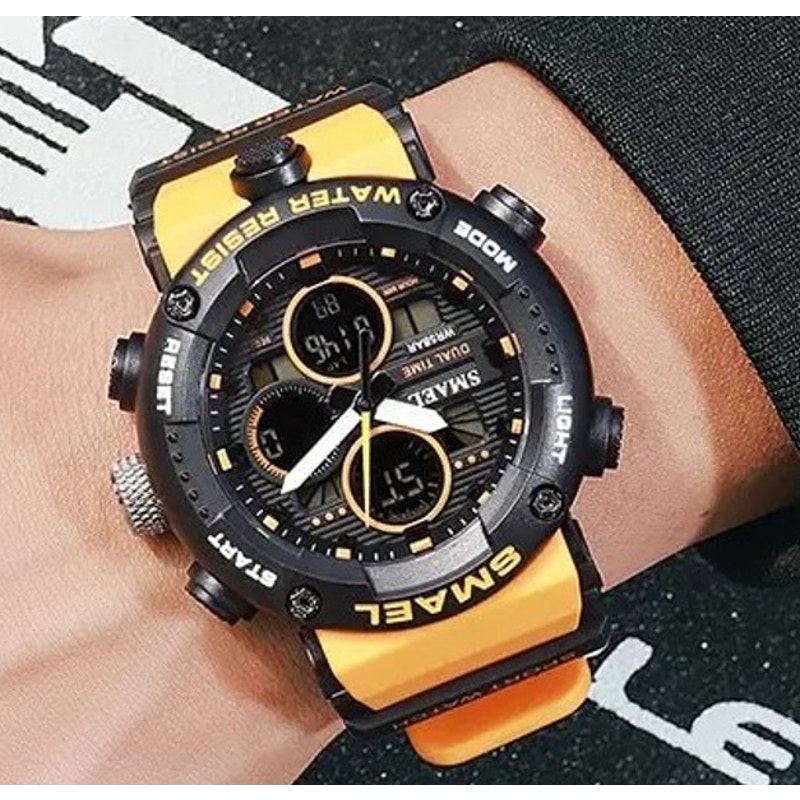 Watch Men Smael Yellow & Black Quartz Waterproof LED Stopwatch