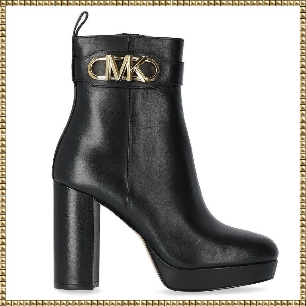 New in Box Michael Michael Kors Black Gold Logo Parker Platform Boots Size 9
