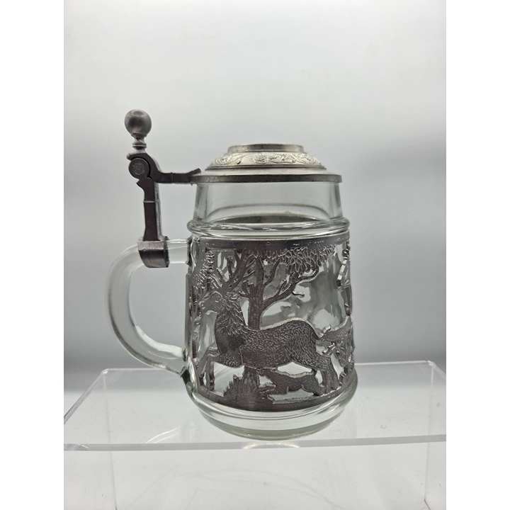 Vintage Zinn 92% Pewter Glass Beer Stein w/ Stag Deer Hunting Scene German