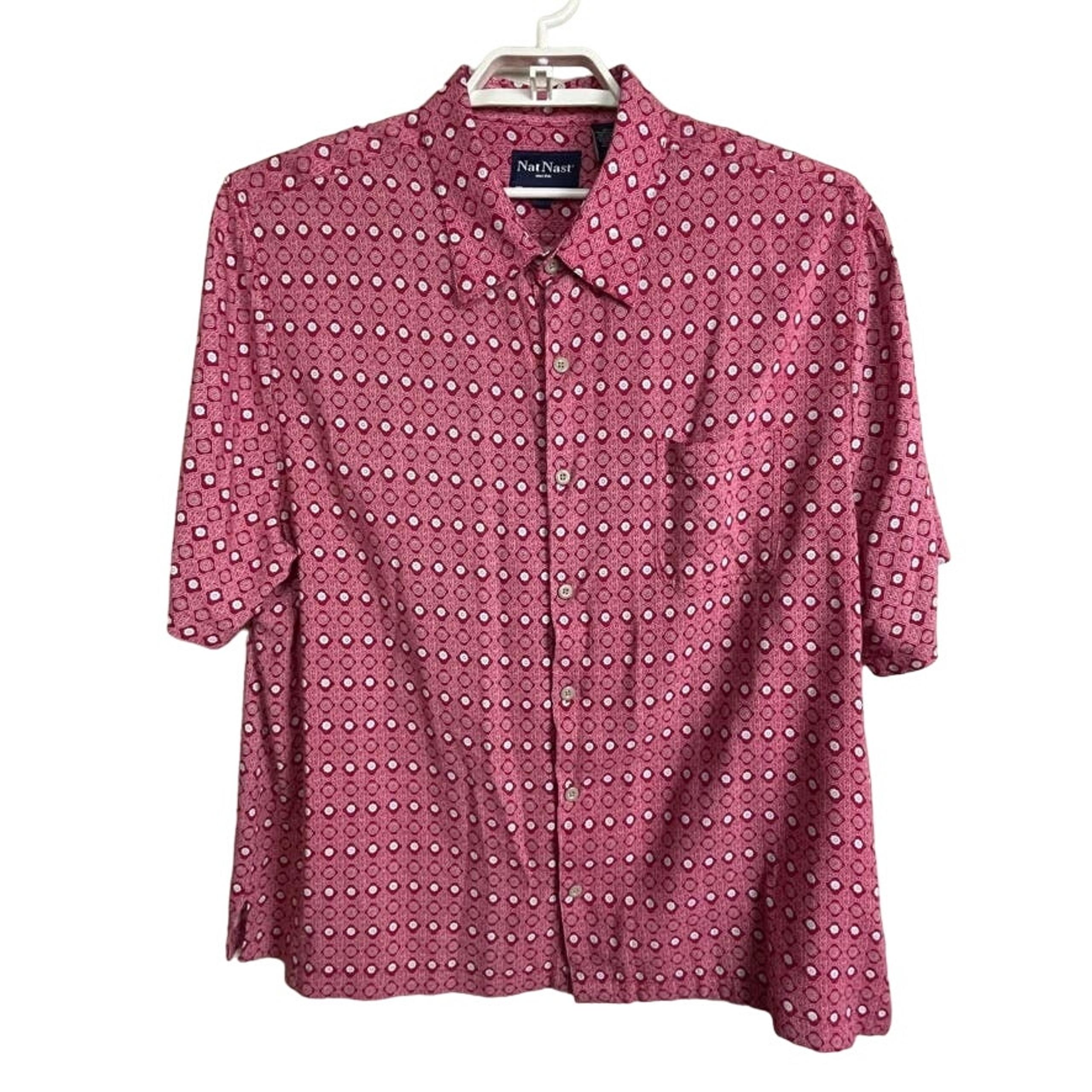 Nat Nast Camp Shirt Size XXL Red White Batik Geometric Button Up 100% Rayon