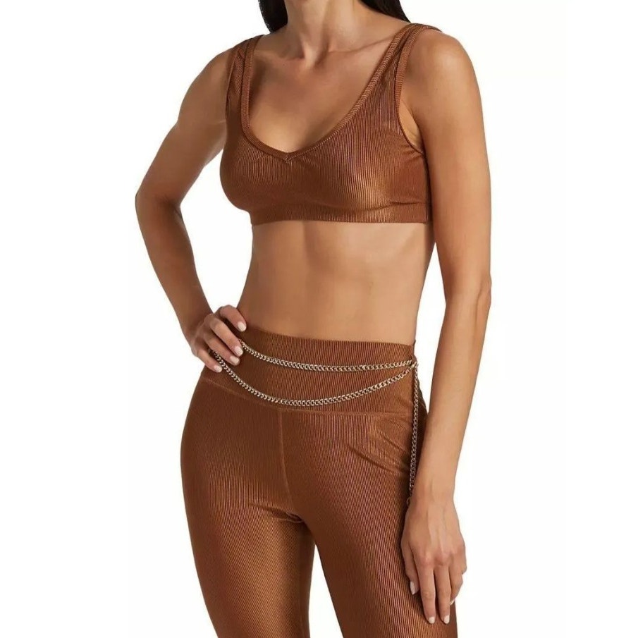 We Wore What V-Neck Sports Bra, Solid Rib, Brown, Size S, NWT