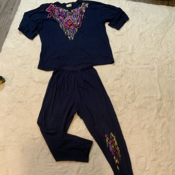 Vintage Womens Mardi Gras Tracksuit 70s / 80s Colorful Beads Plus Size XL Navy