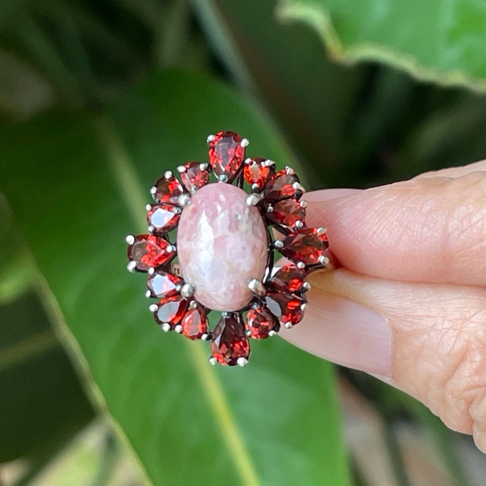 Garnet rhodochrosite sterling silver ring