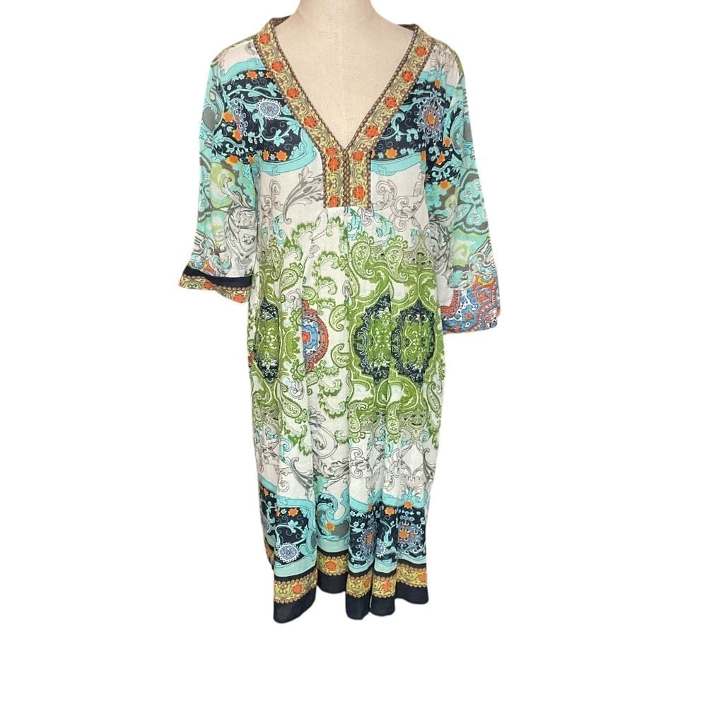 La Cera Women's Colorful Printed Boho Midi Dress V-Neck 3/4 Sleeve Summer Sheer