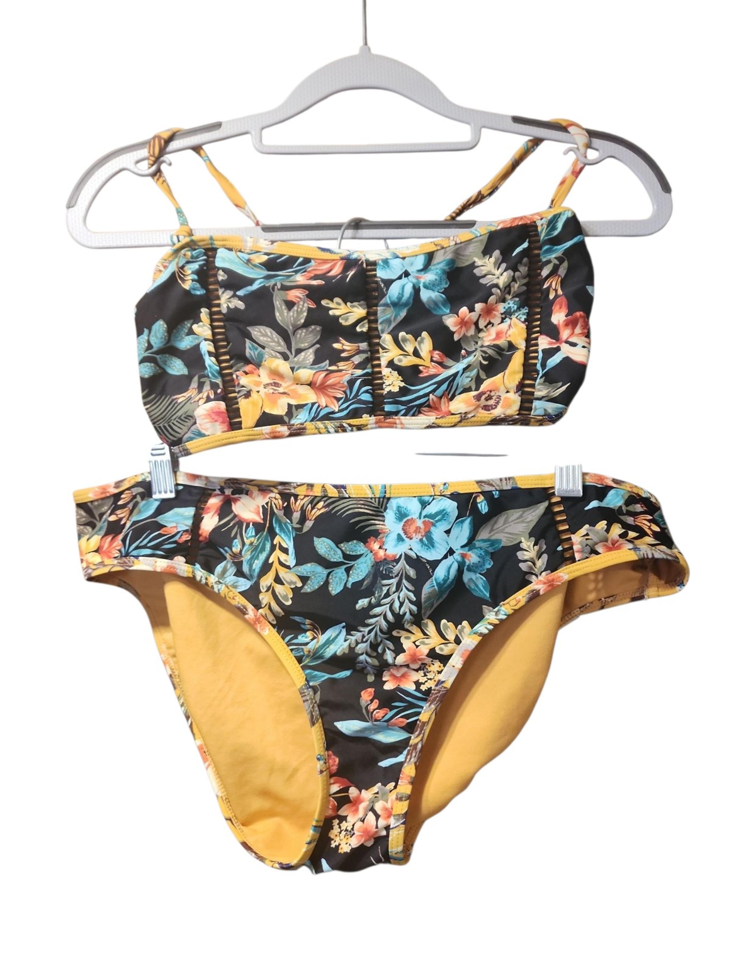 TIME AND TRU Women's Flowers Prints Swimsuit 2 Piece Bikini Orange Size L 12-14