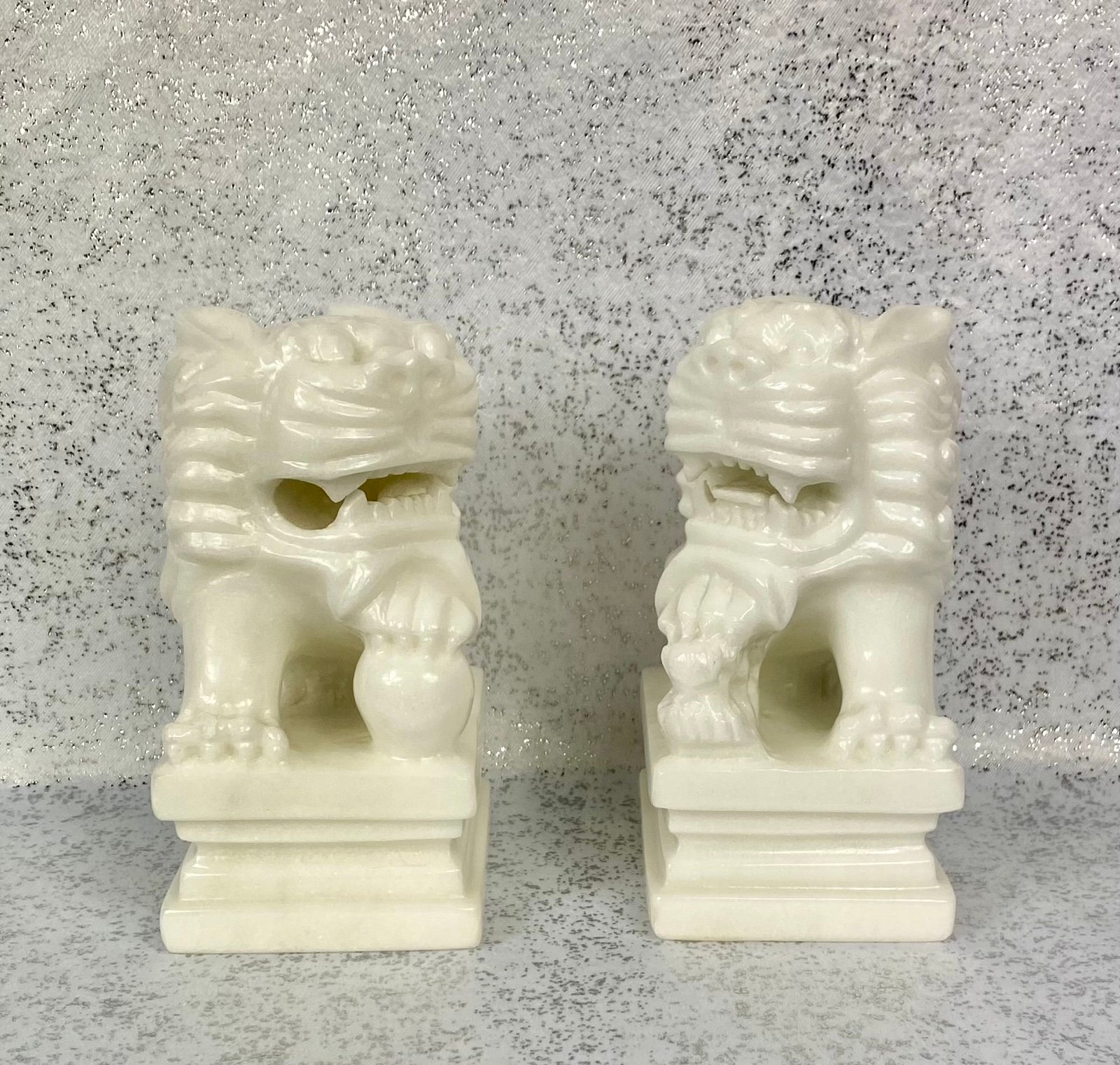 Small Pair Male And Female Carved White Marble Chinese Foo Dogs 7inch Tall
