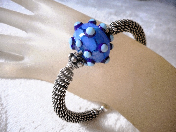 Sterling Silver Hand Blown Blue Lampwork Glass Big Bead Modernist Cuff Bracelet