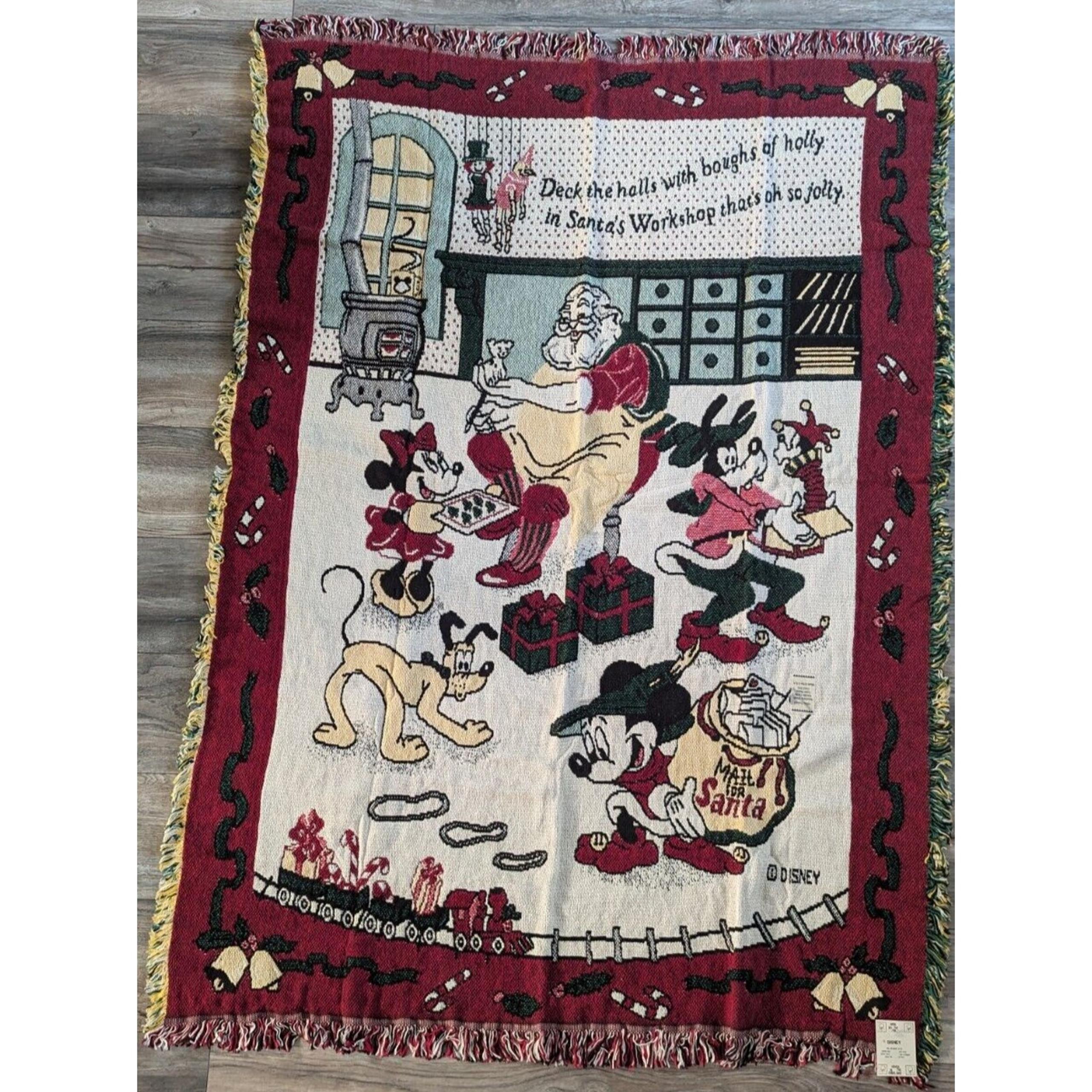 Disney Santa's Work Shop Tapestry Throw Mickey Mouse Minnie Goofy Pluto w/ Tags