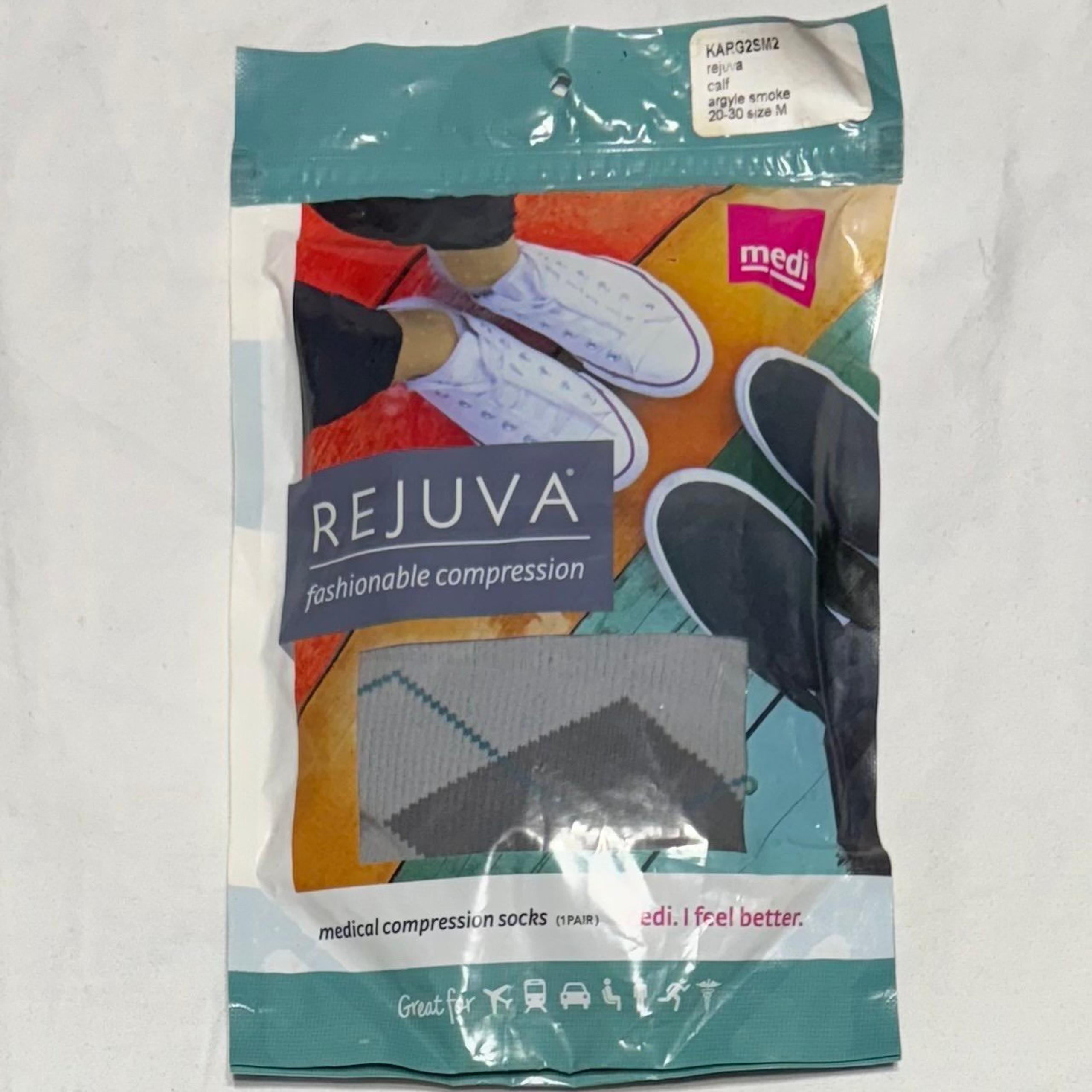 New Sealed Rejuva Medical Compression Socks Gray Argyle sz M Calf Fit