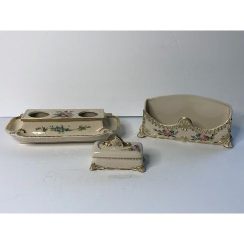 Vintage Fine Bone China Hand-painted 3 pc Japan Inkwell Letter Holder Stamp box