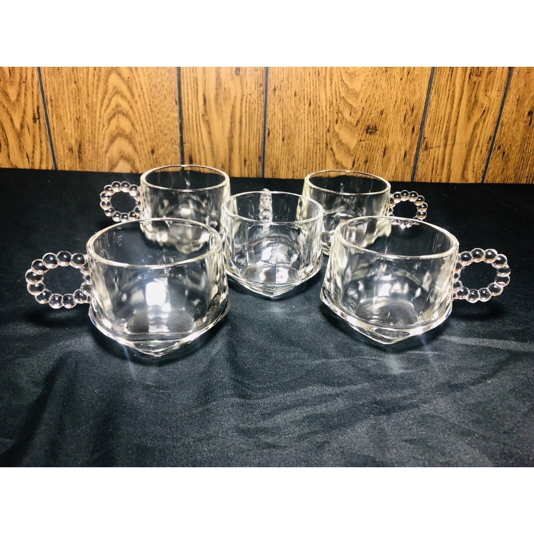 VINTAGE Orchard CRYSTAL Clear Snack Set Punch Tea Cups Beaded Handle Set of 5