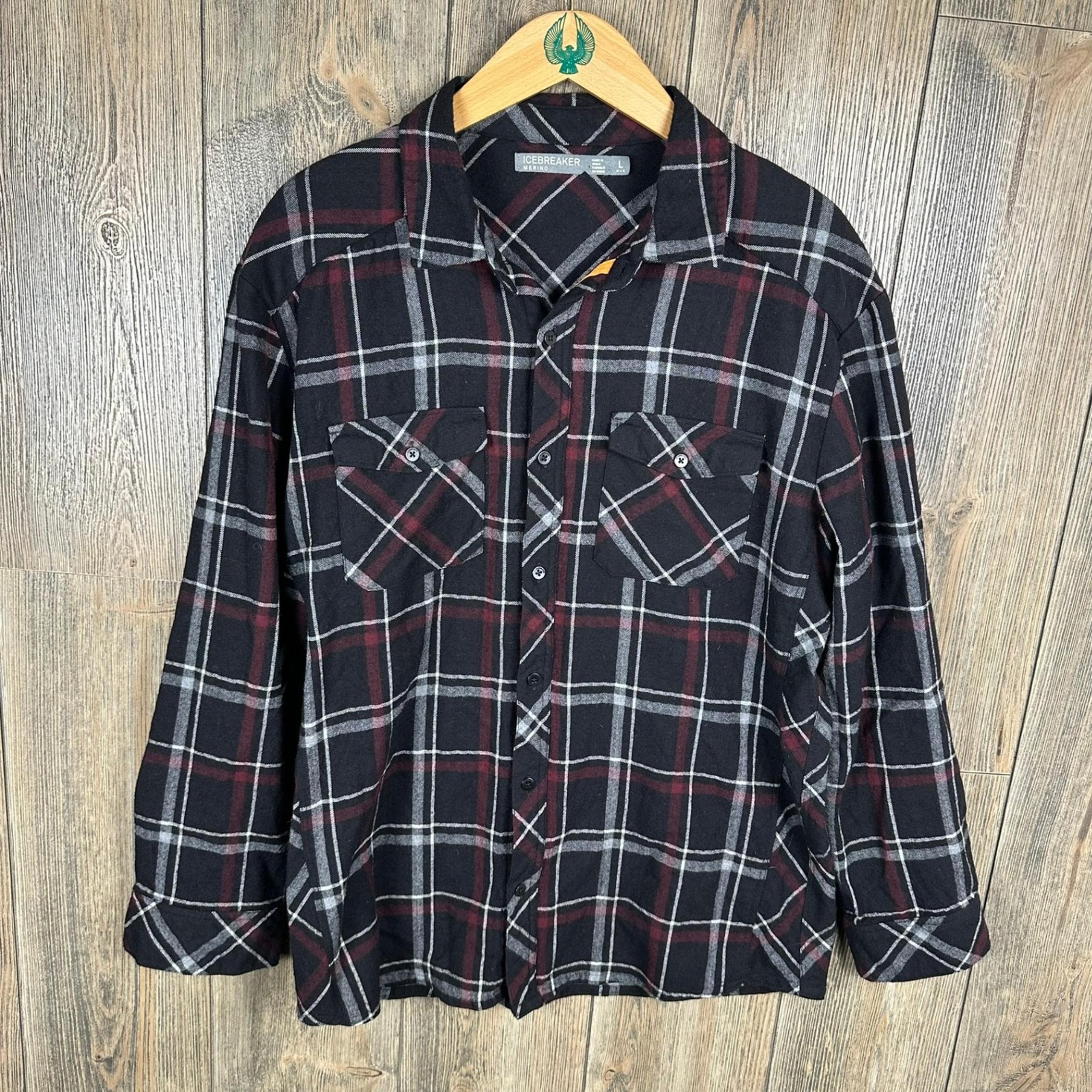 Icebreaker Merino Wool Flannel Plaid Button Up Shirt Outdoor Black Mens Large