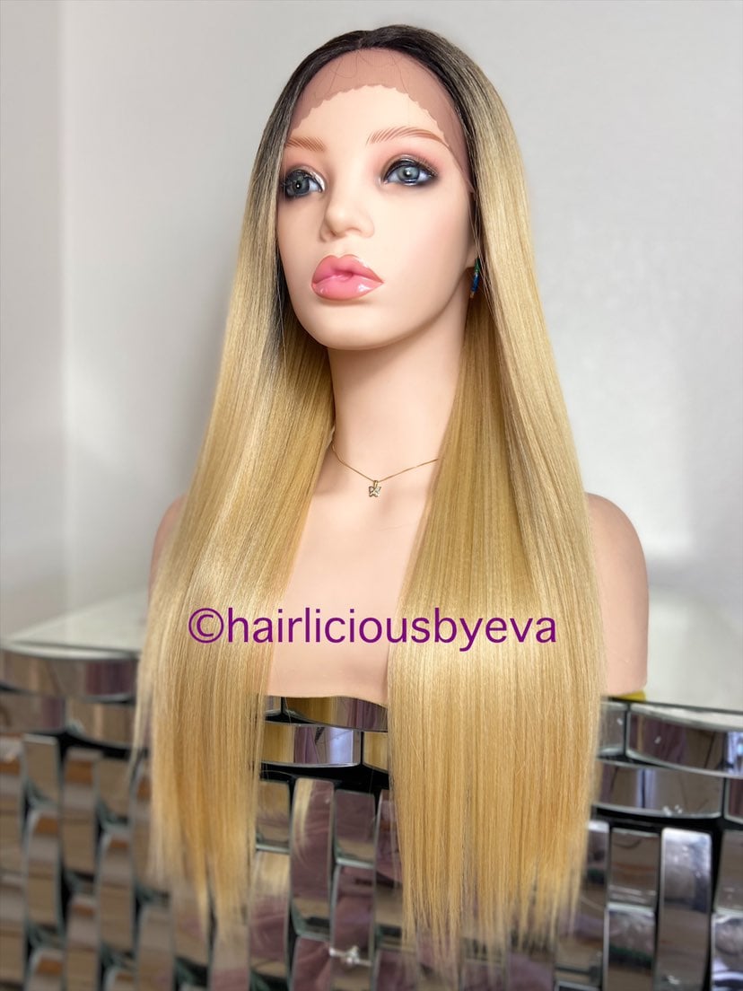 Golden blonde wig ombre black lace front