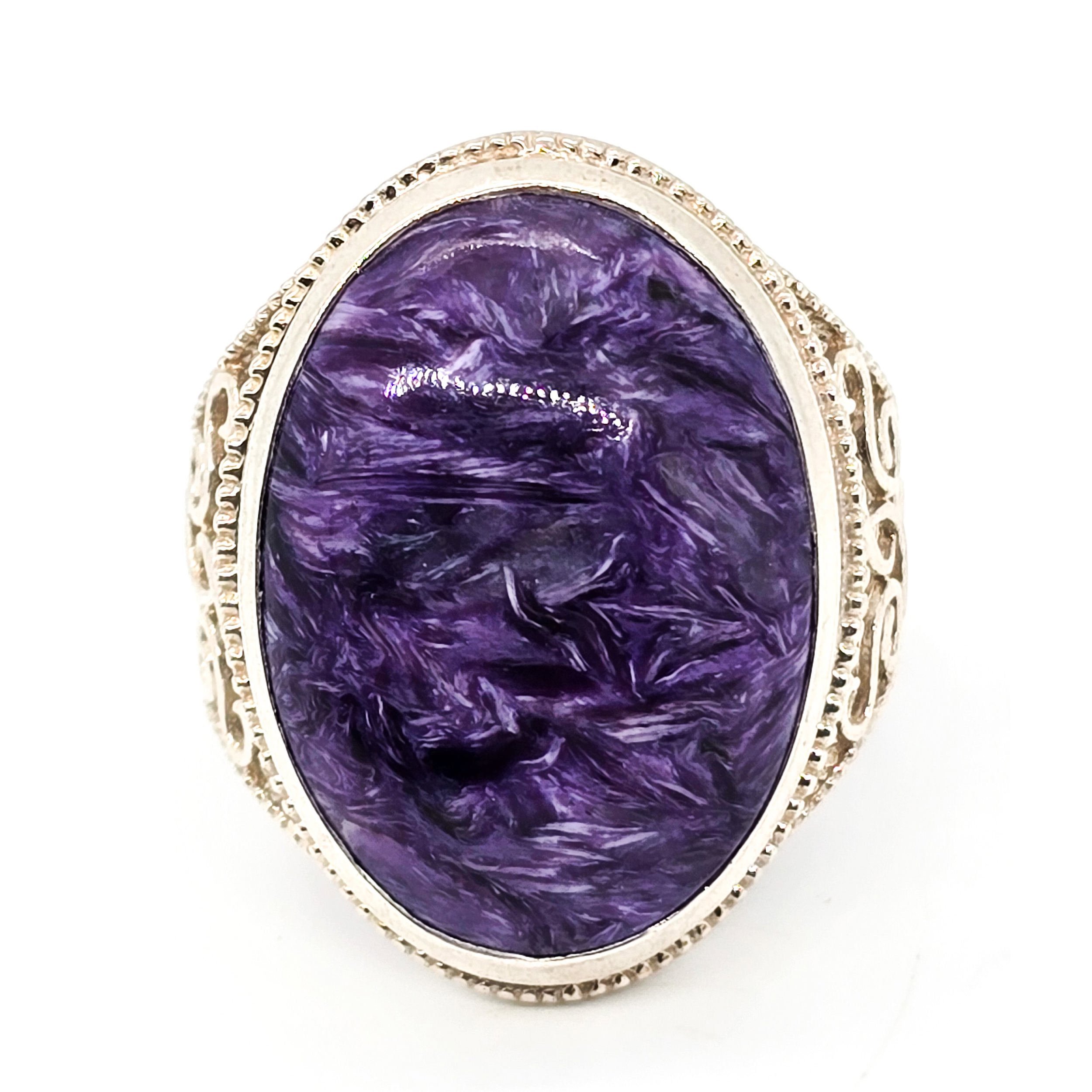 Charoite PTI large purple gemstone heart filigree sterling silver ring size 11