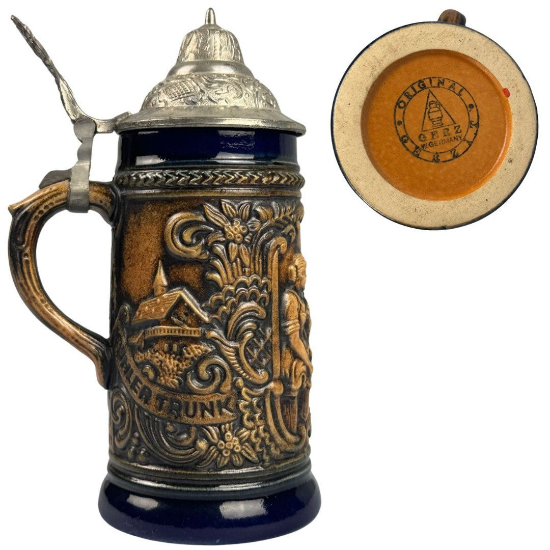 Vintage Original Gerzit German Beerstein Lidded Kuhler Trunk Und Heipe Jagd