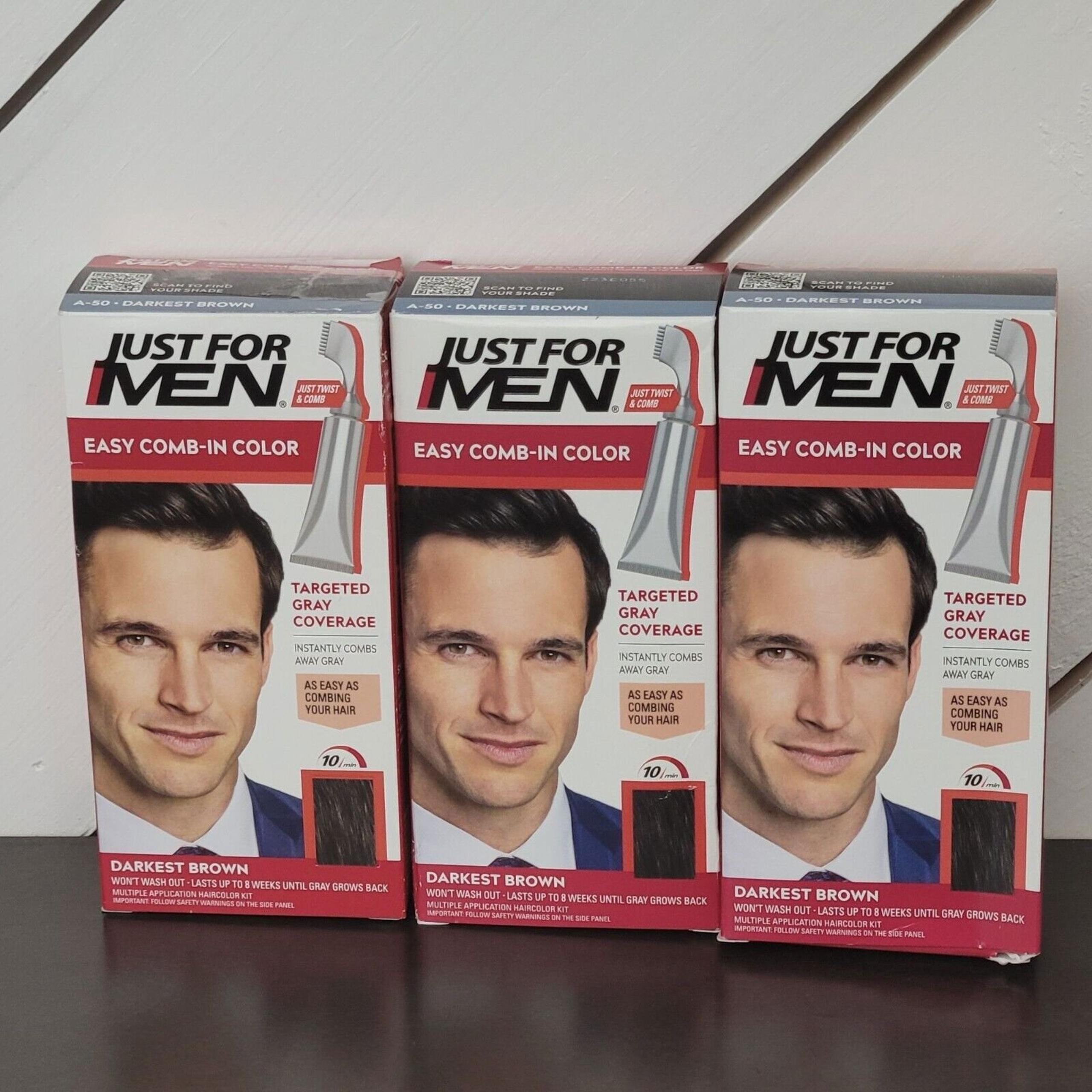 Bundle 3 Pack Just For Men Easy Comb-In Color Darkest Brown Hair Dye Kit 16CT