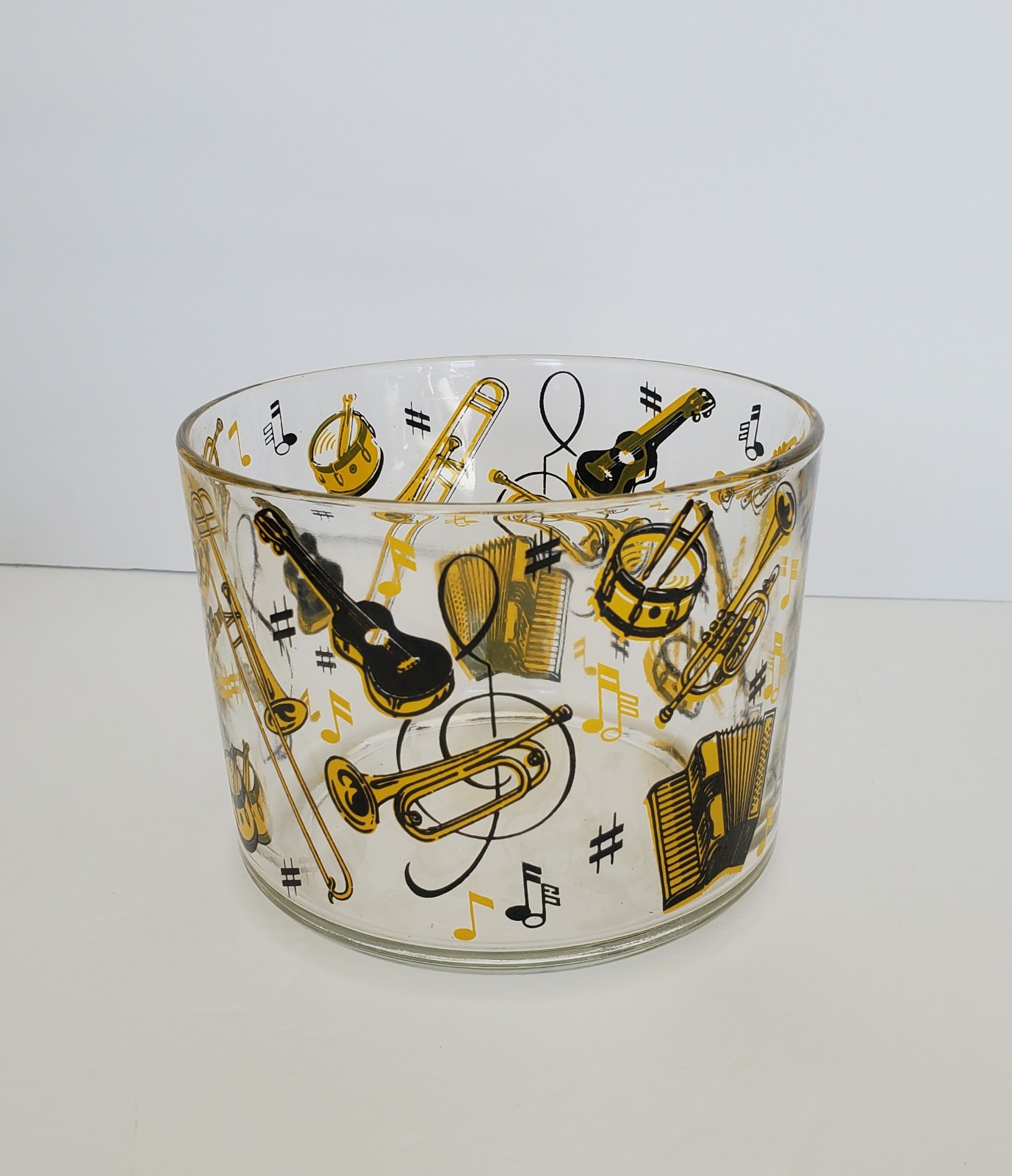 Vintage Hazel Atlas Musical Instruments Mid-Century Glass Ice Bucket Bowl