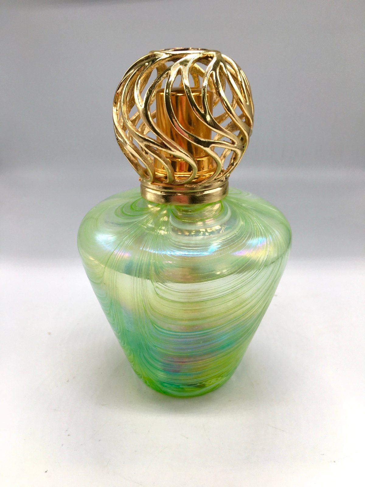 VTG Green Iridescent Swirl Art Glass Perfume Bottle Fragrance Diffuser, Gold Top