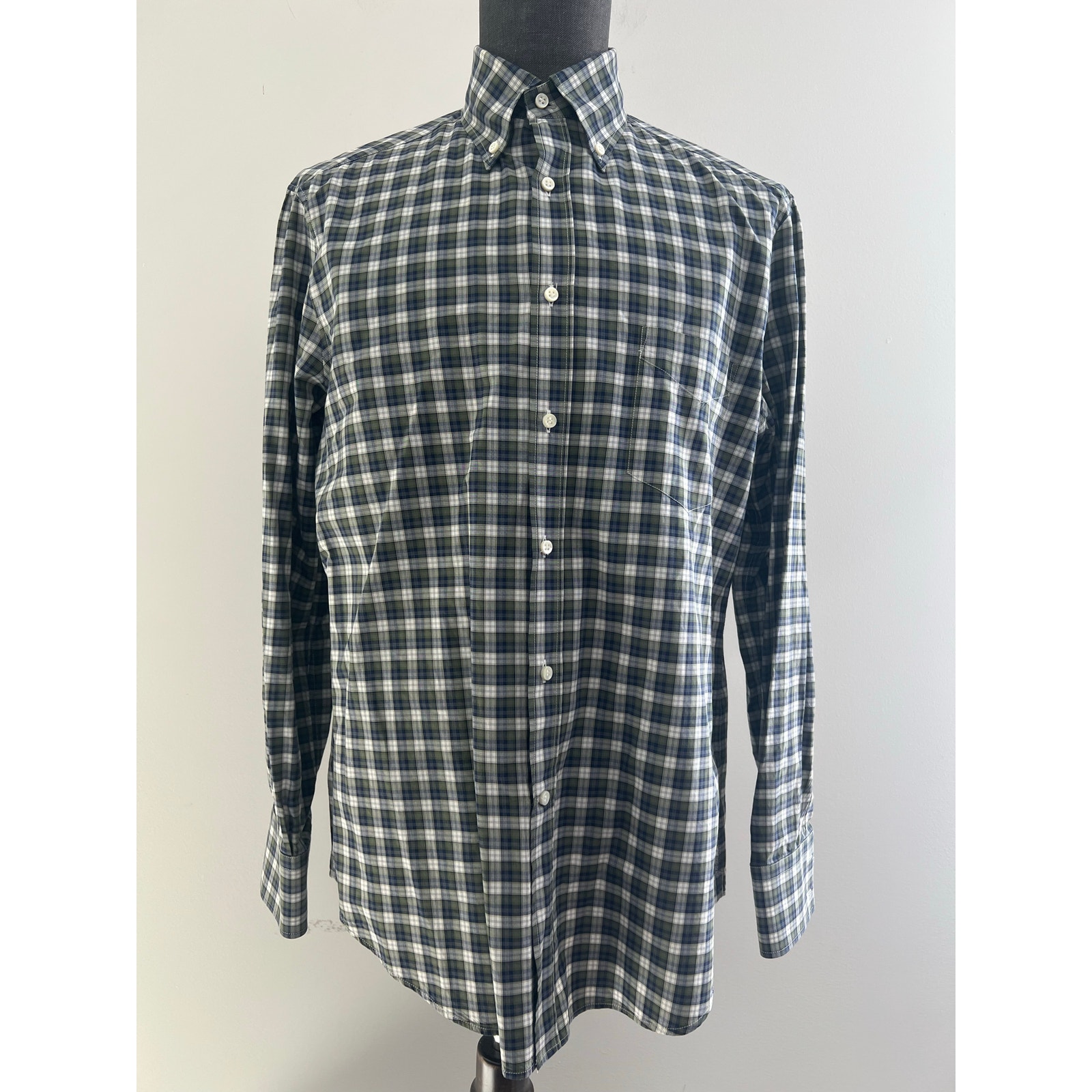 Brunello Cucinelli Cotton Button Down Dress Shirt Green Blue Plaid Size Large JJ