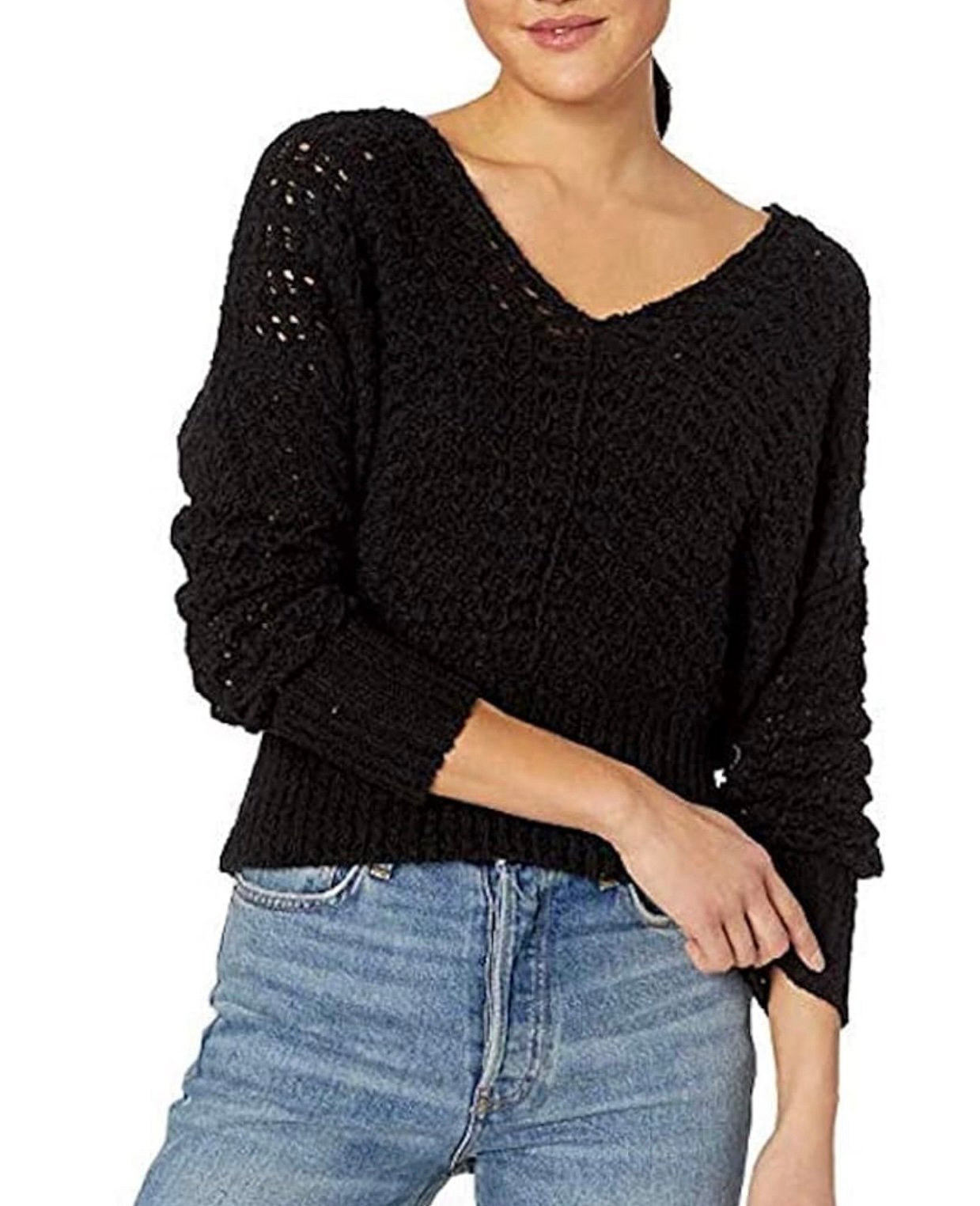 Free People Best of You Black Open Knit Sweater V-Neck Dolman Sleeve Size Large